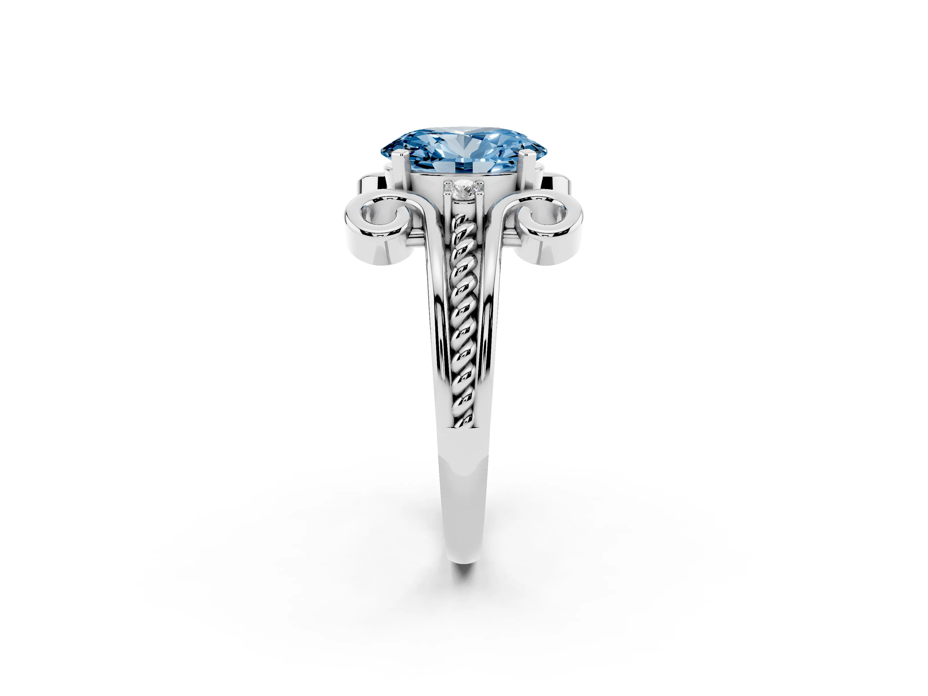 Fancy Blue Oval Cut Diamond Twisted Band Solitaire Ring Set in Silver with Scroll Prongs