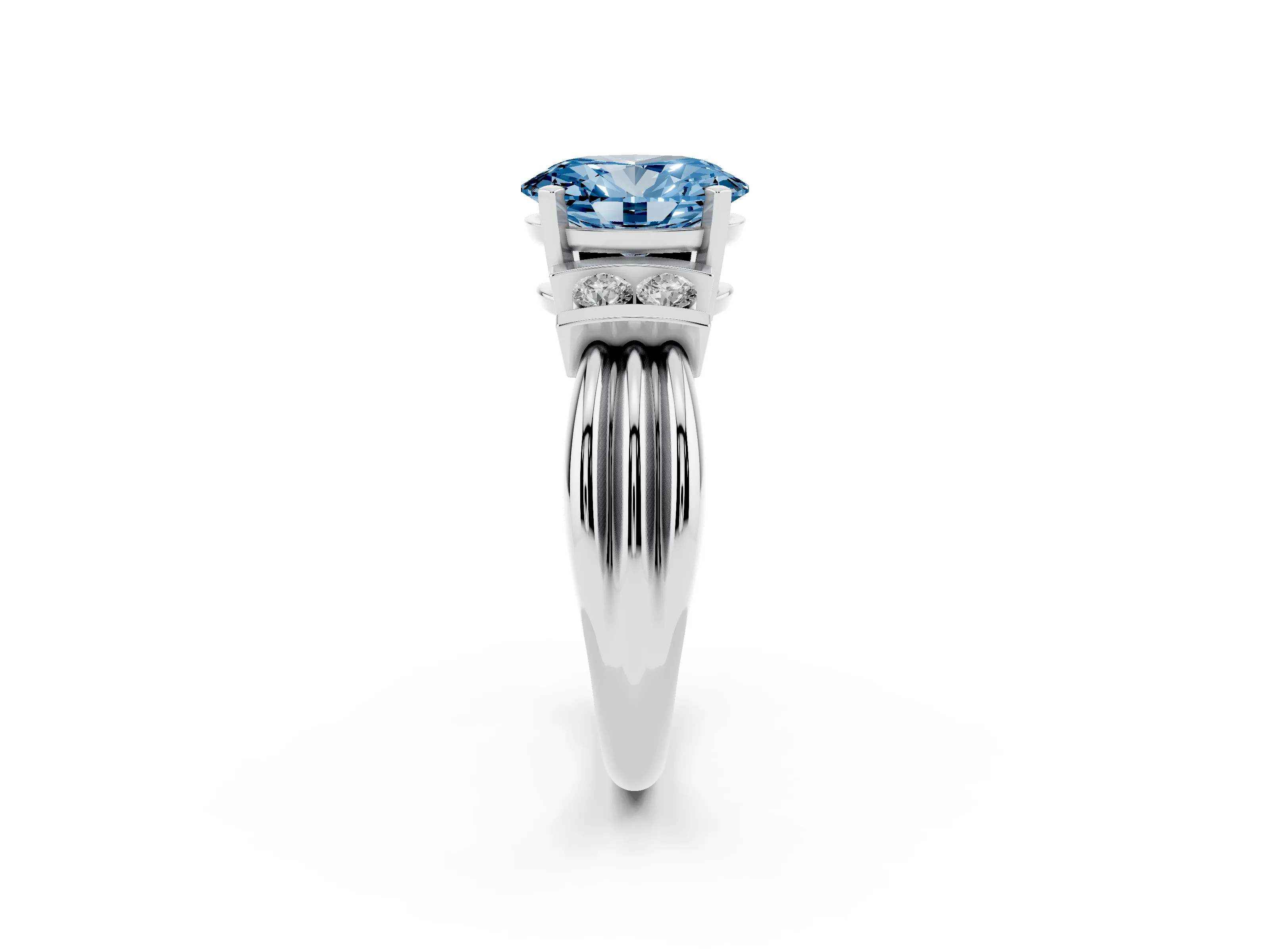 Fancy Blue Three-Stone Oval Cut Diamond Channel Set Ring Set in White gold with Bar Prongs