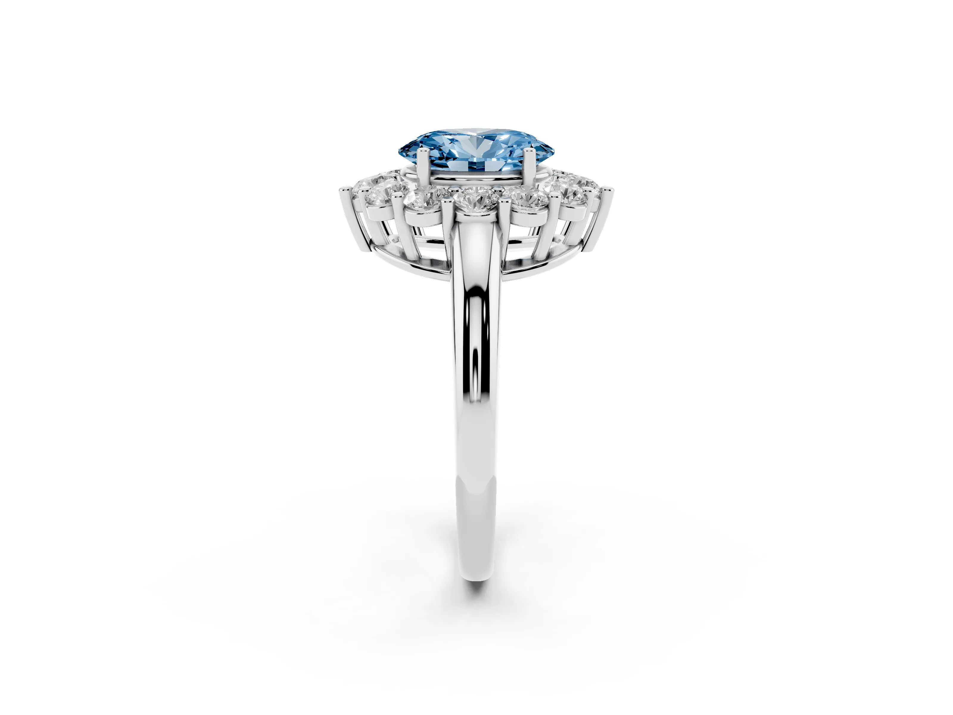 Fancy Blue Oval Cut Diamond Halo Cluster Engagement Ring Set in Platinum with Polished Band and Prong Setting