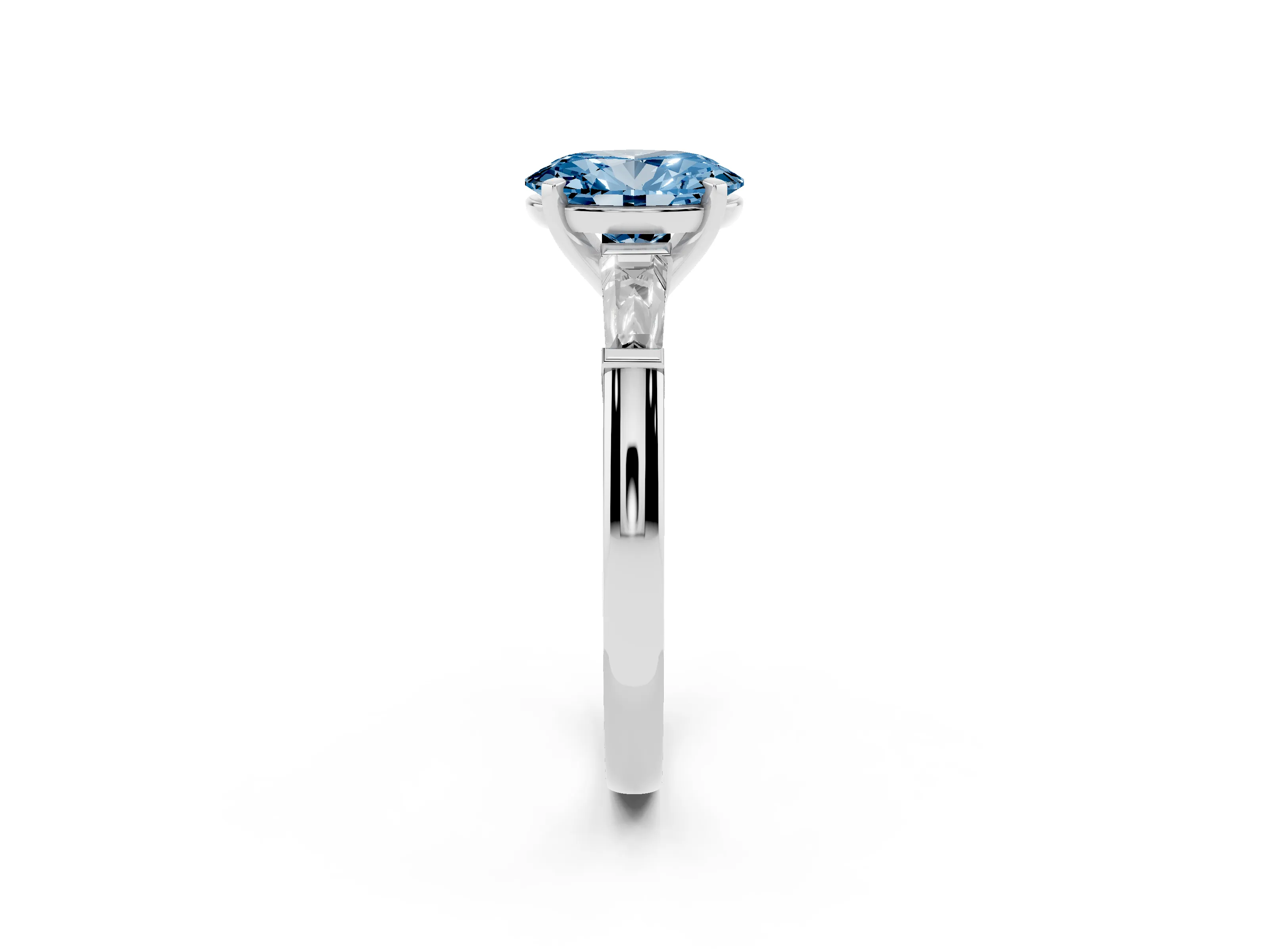 Fancy Blue Oval Cut Diamond Solitaire Ring Set in White gold with Tapered Baguette Side Stones and Prong Setting