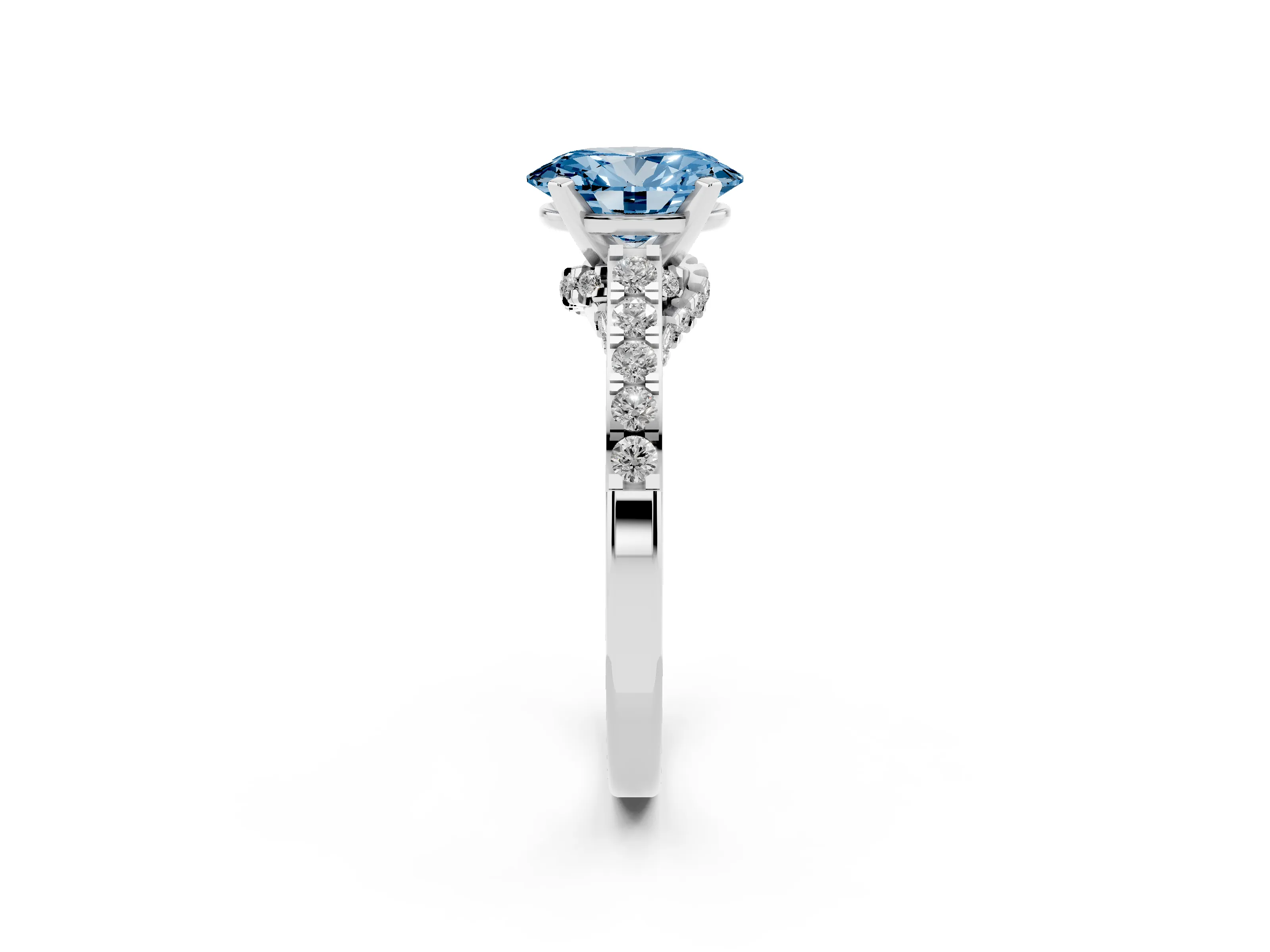 Fancy Blue Oval Cut Diamond Solitaire Ring Set in White gold with Crossover Gallery and Round Pavé Band
