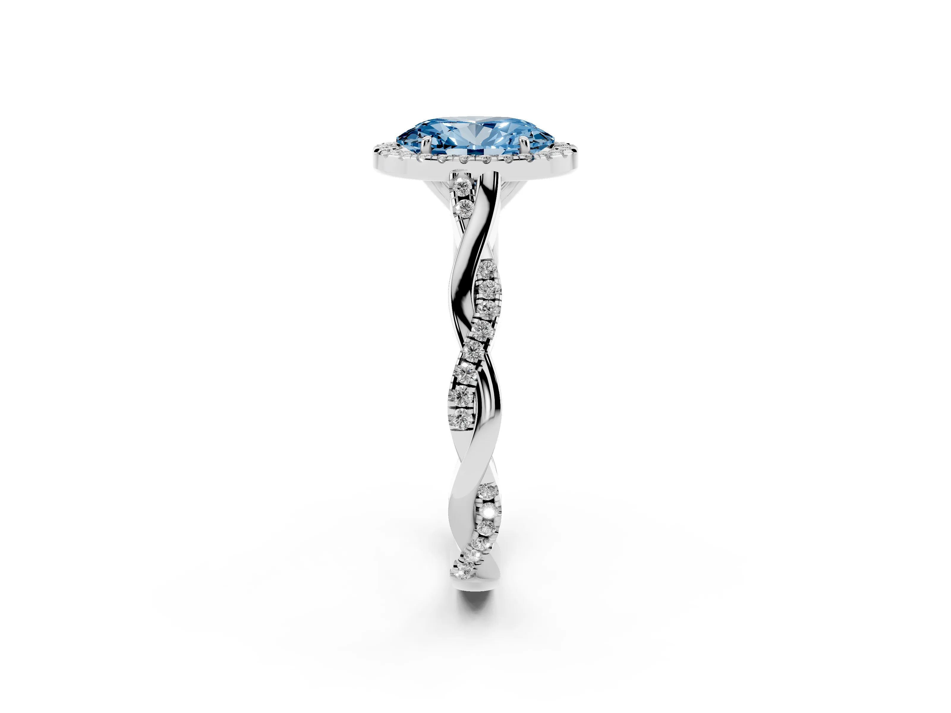 Fancy Blue Oval Cut Diamond Halo Twist Band Solitaire Ring Set in Silver with Prong Setting
