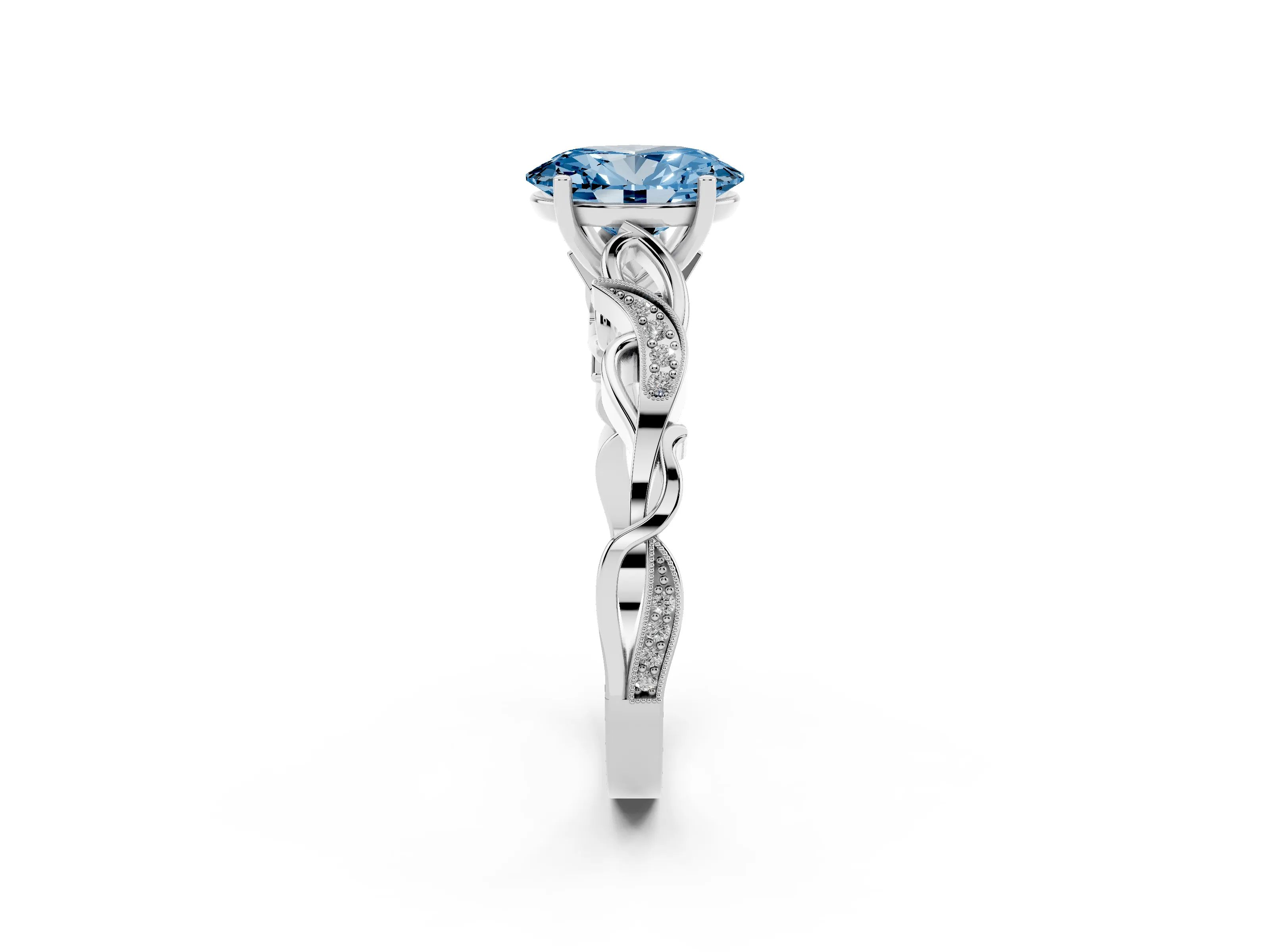 Fancy Blue Oval Cut Diamond Vine Band Solitaire Ring Set in Silver with Milgrain Prong Setting