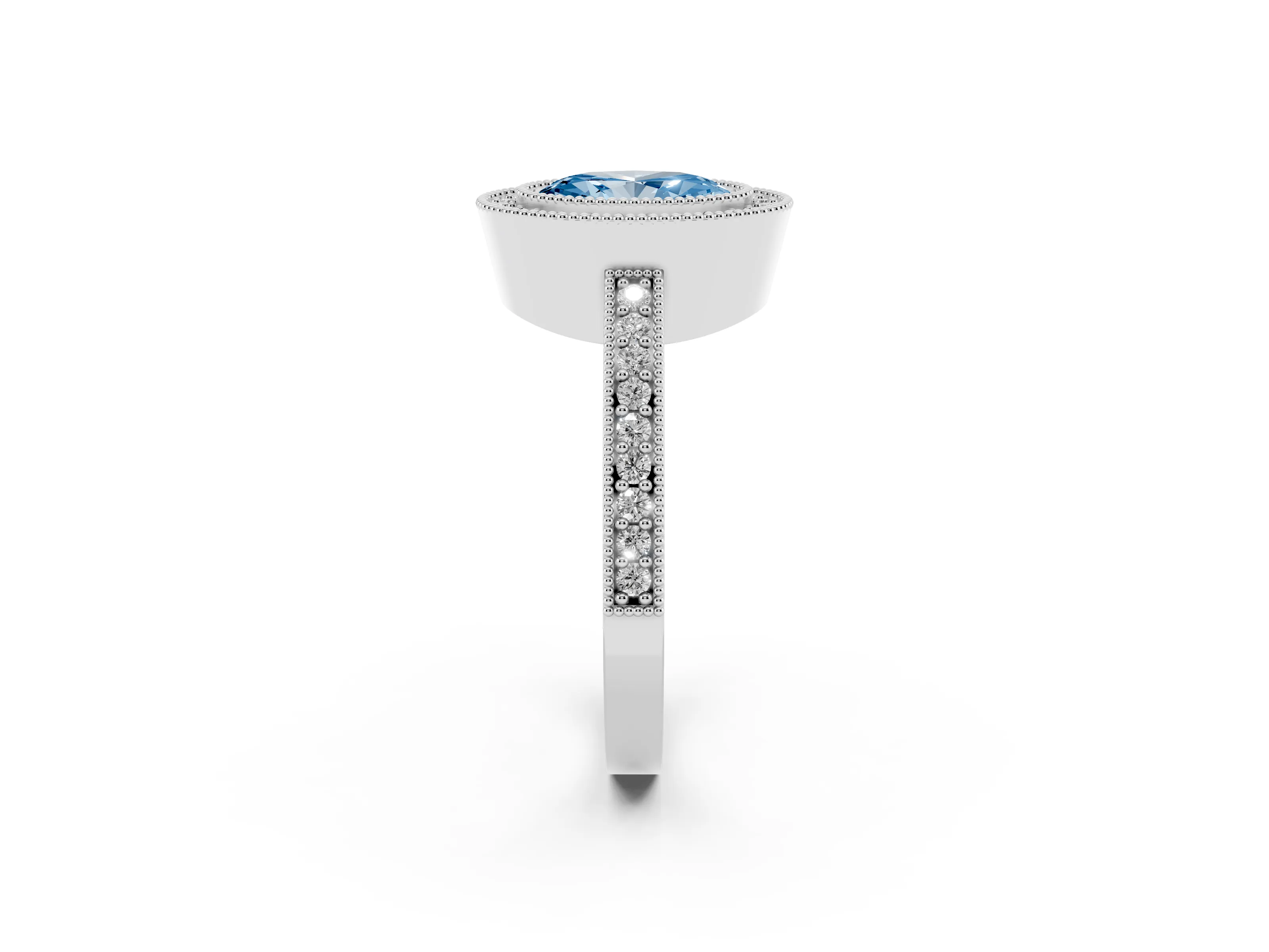 Fancy Blue Oval Cut Diamond Halo Engagement Ring Set in Silver with Pavé Band and Round Halo Stones