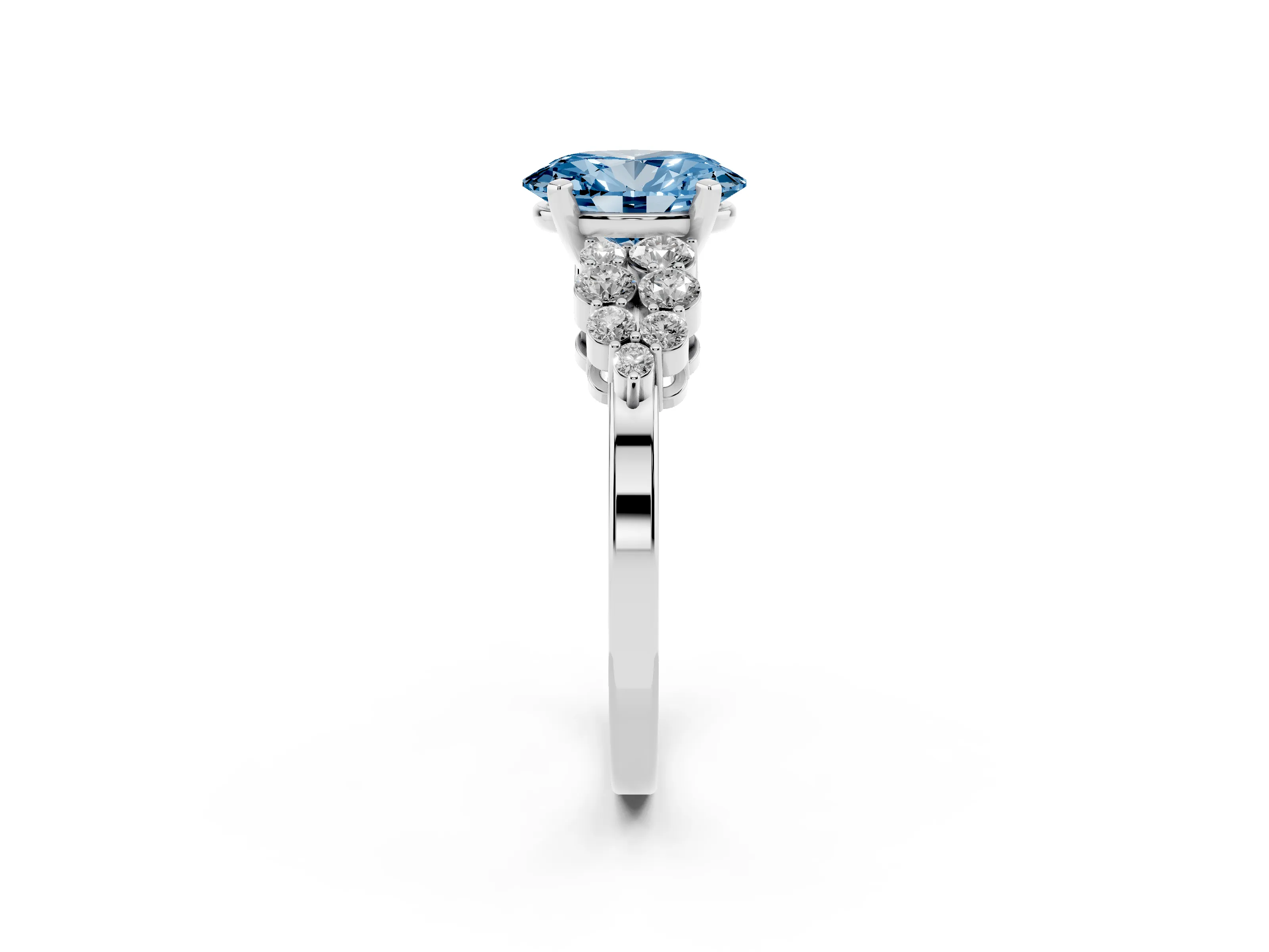 Fancy Blue Oval Cut Diamond Cluster Engagement Ring Set in Silver with Pavé Band and Prong Setting