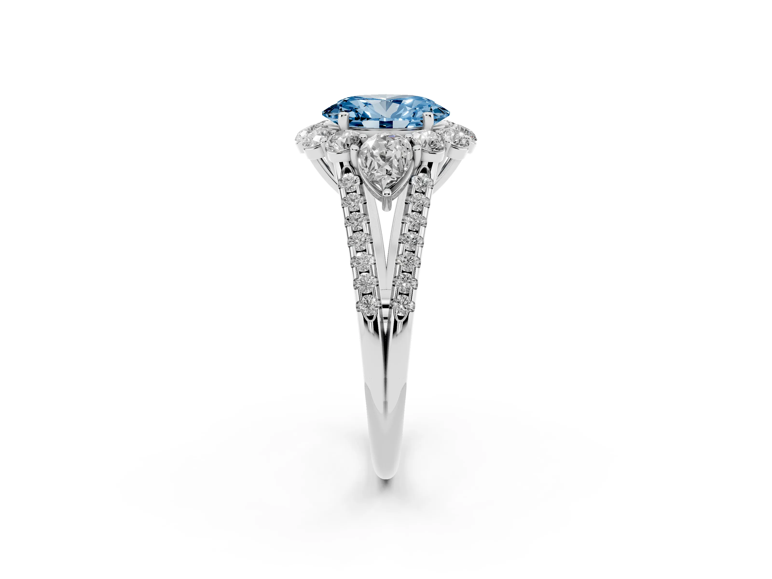 Fancy Blue Oval Cut Diamond Halo Split Shank Engagement Ring Set in Silver with Prong-Held Center Stone
