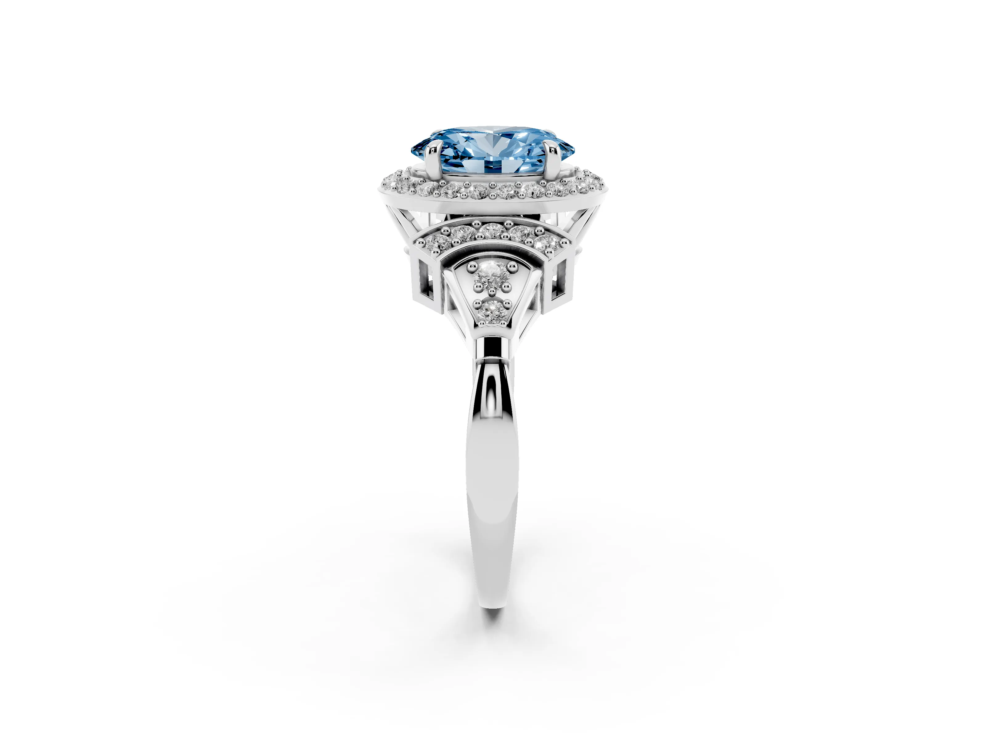 Fancy Blue Oval Cut Diamond Halo Engagement Ring Set in Platinum with Accent Stone Split Shank