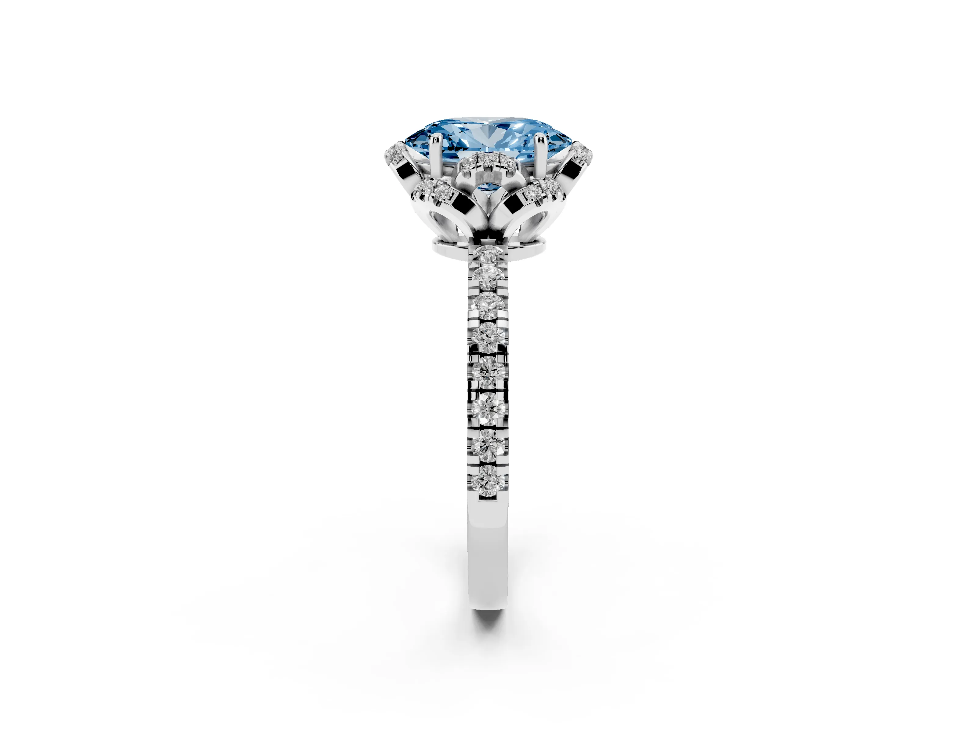 Fancy Blue Oval Cut Diamond Halo Pavé Band Ring Set in Silver with Prong-Held Center