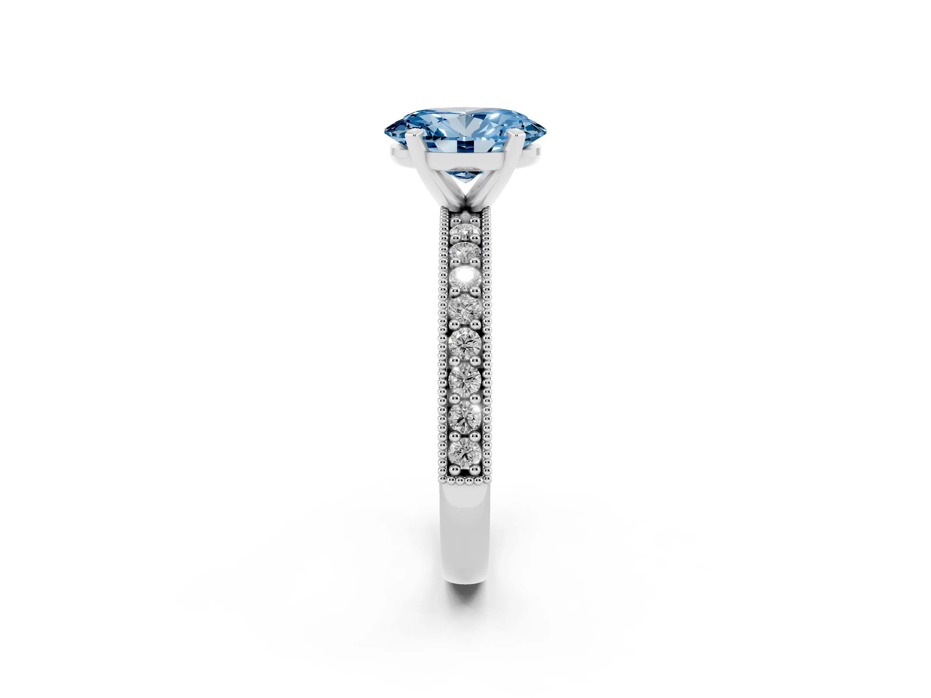 Fancy Blue Oval Cut Diamond Milgrain Pavé Engagement Ring Set in Silver with Prong Setting