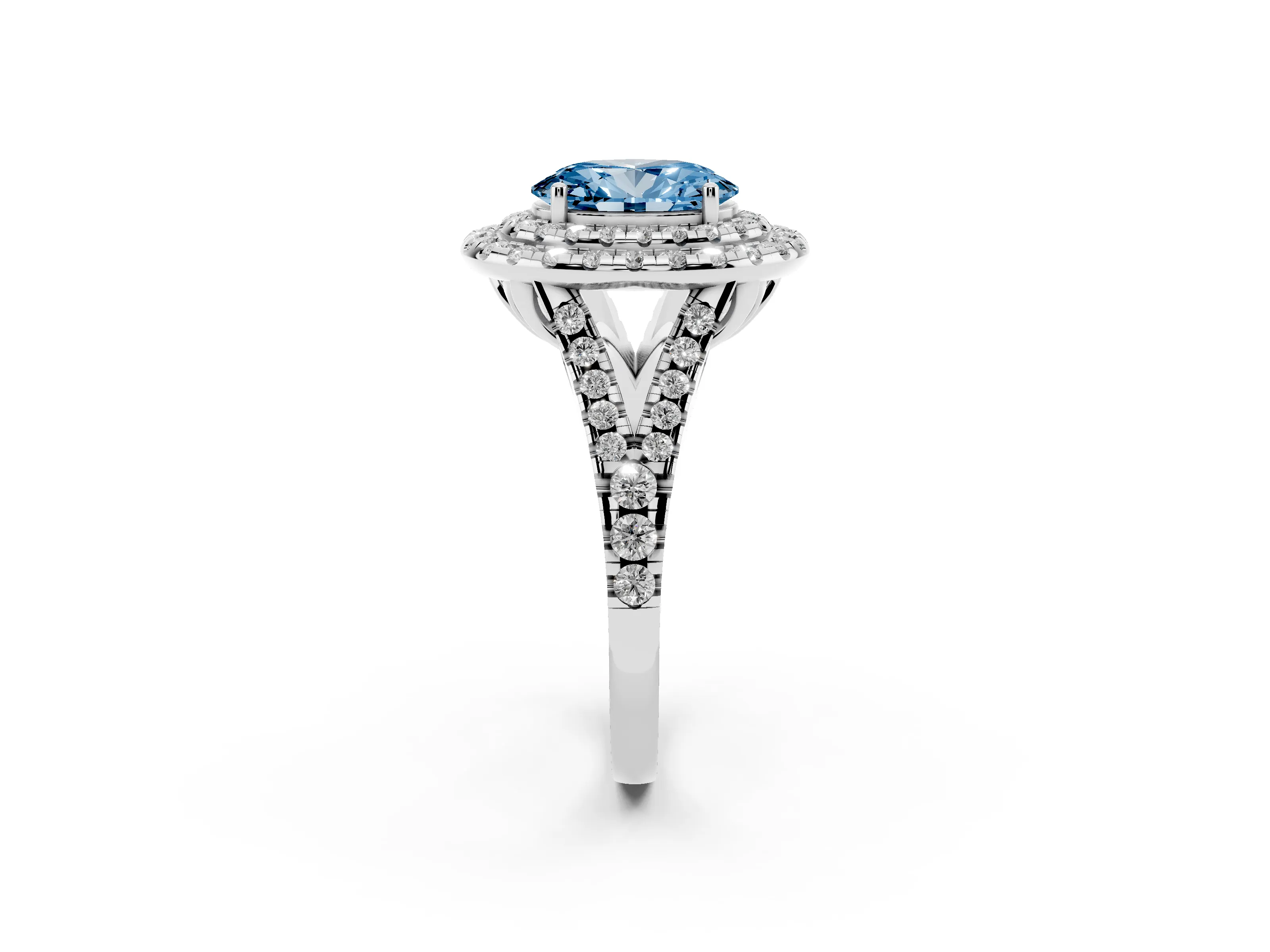 Fancy Blue Oval Cut Diamond Double Halo Ring Set in Silver with Pavé Split Shank and Prong Setting