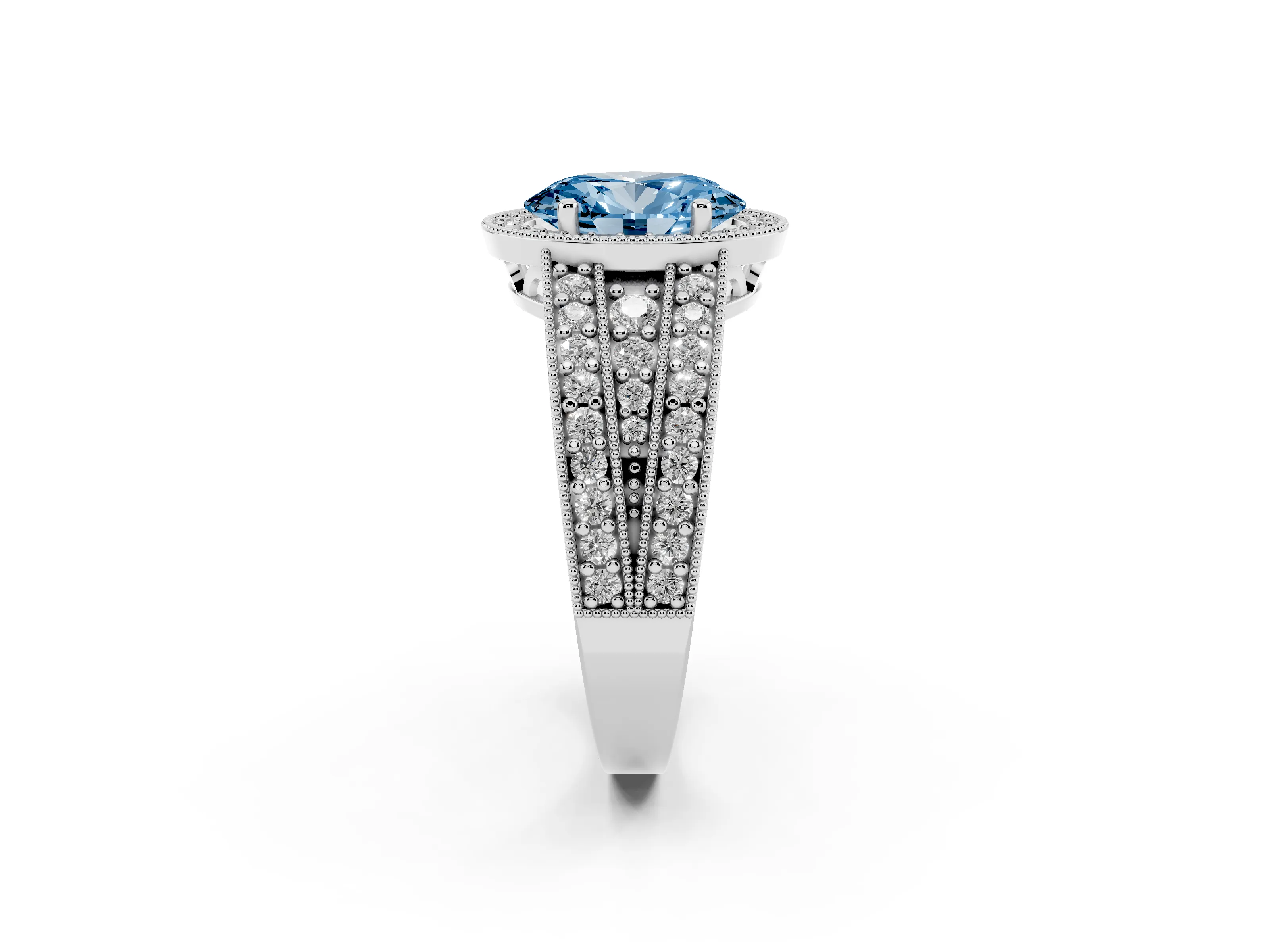 Fancy Blue Oval Cut Diamond Halo Ring Set in Platinum with Accent Split Shank and Prong Setting