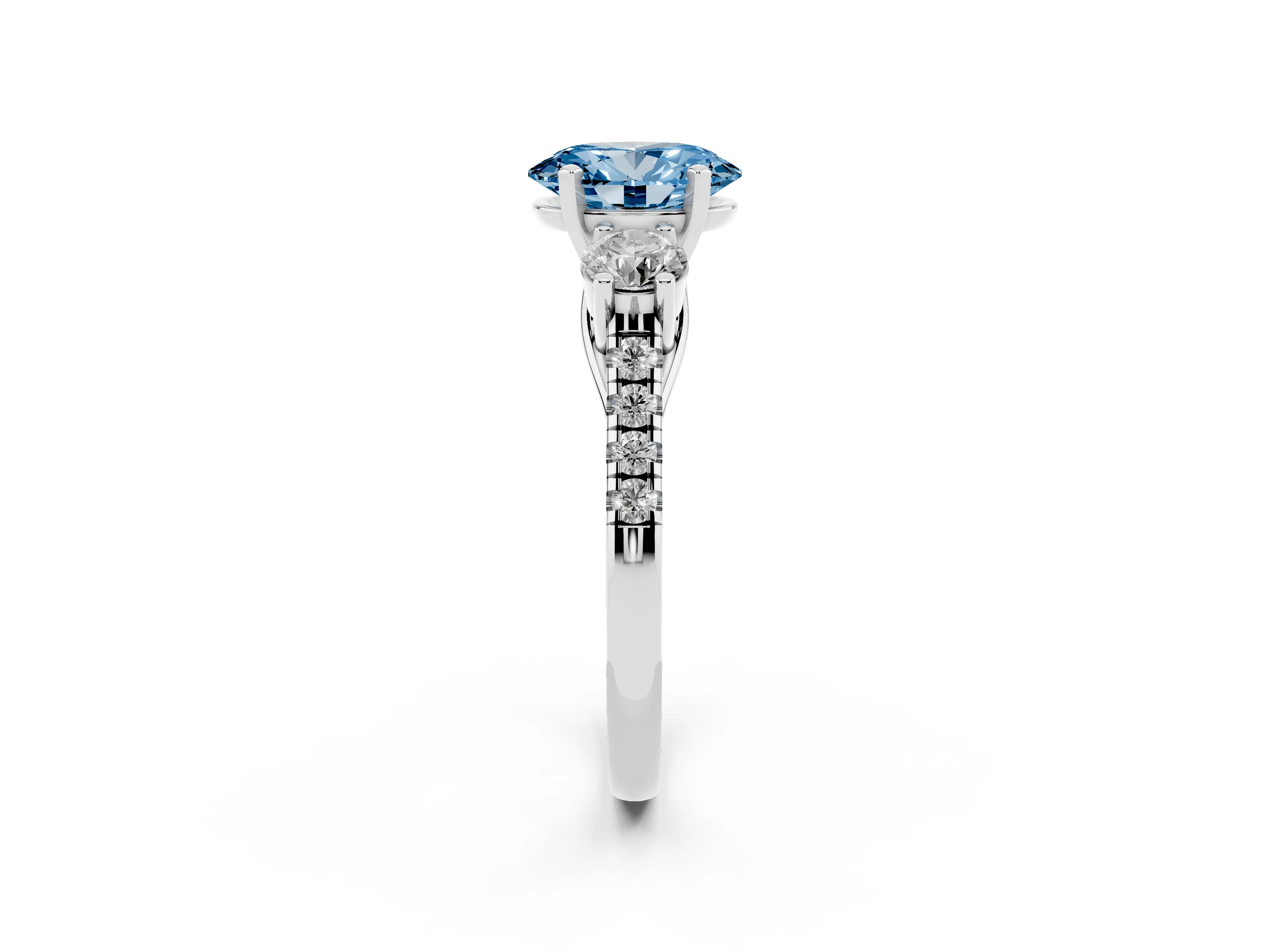 Fancy Blue Three-Stone Oval Cut Diamond Pavé Band Ring Set in Platinum with Prong-Set Trio