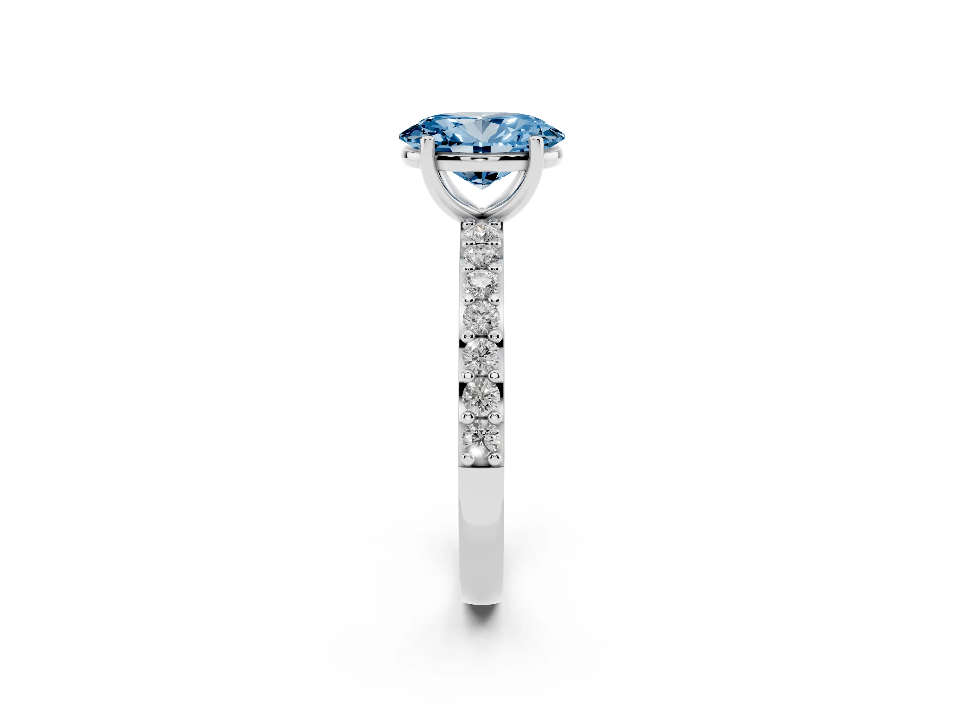Fancy Blue Oval Cut Diamond Solitaire Set in White gold with Round Pavé Band and Prong Setting