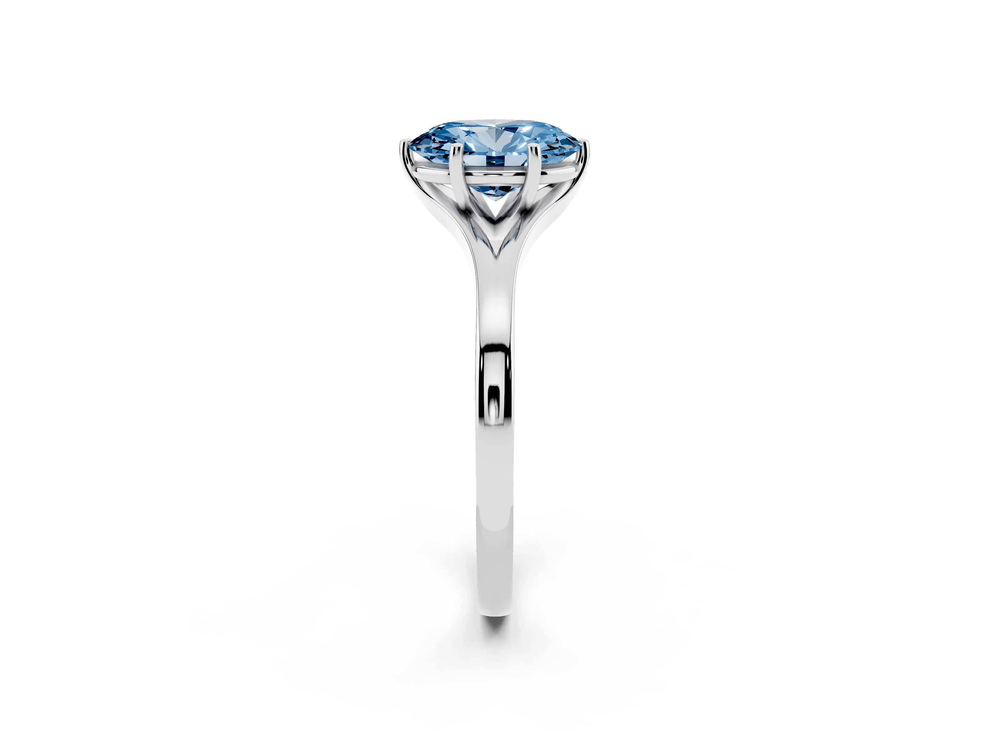 Fancy Blue Oval Cut Diamond Solitaire Ring Set in Silver with Polished Tapered Band and Prong Setting