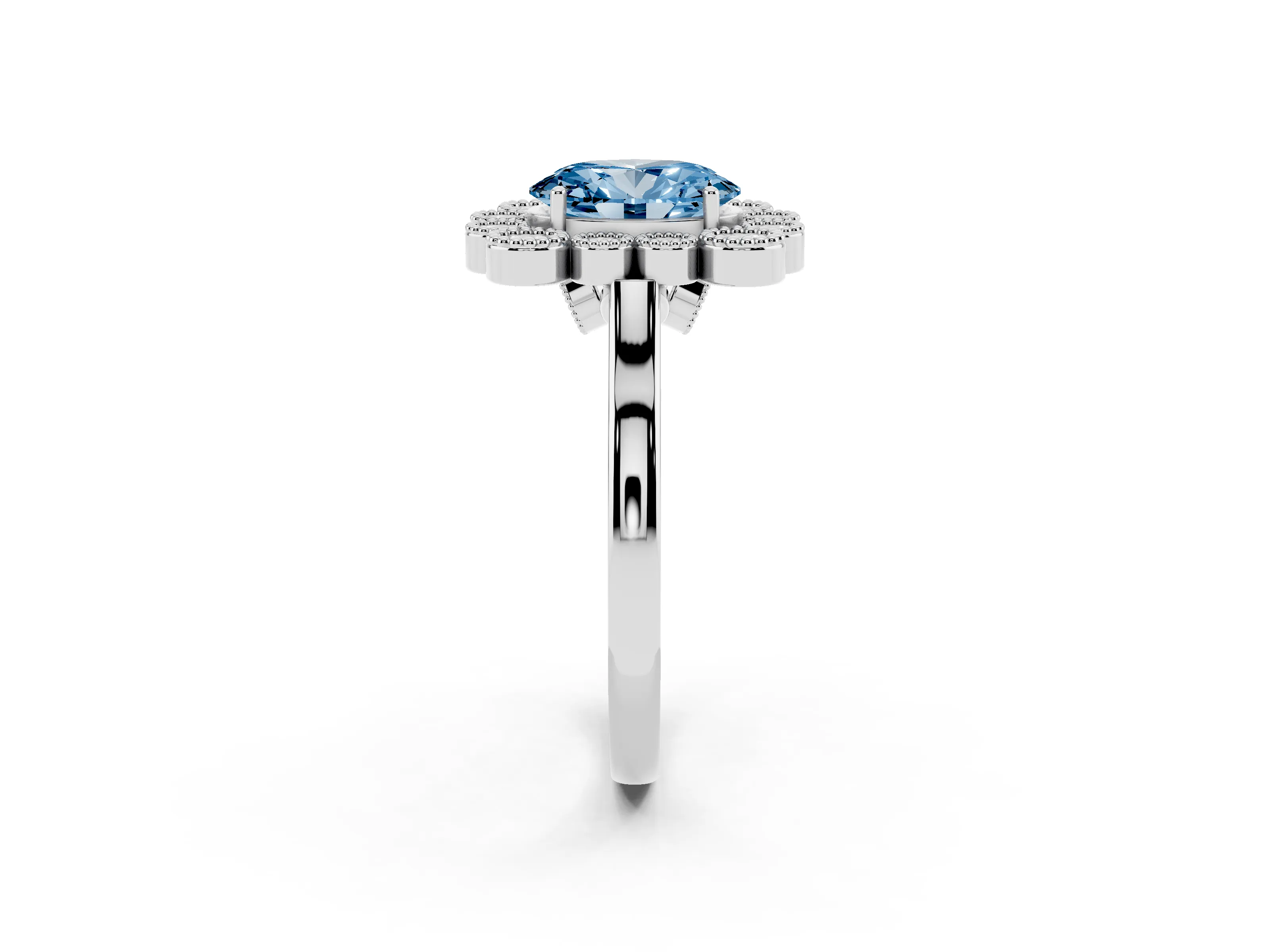 Fancy Blue Oval Cut Diamond Cluster Halo Ring Set in White gold with Milgrain Bezel Accents and Plain Band