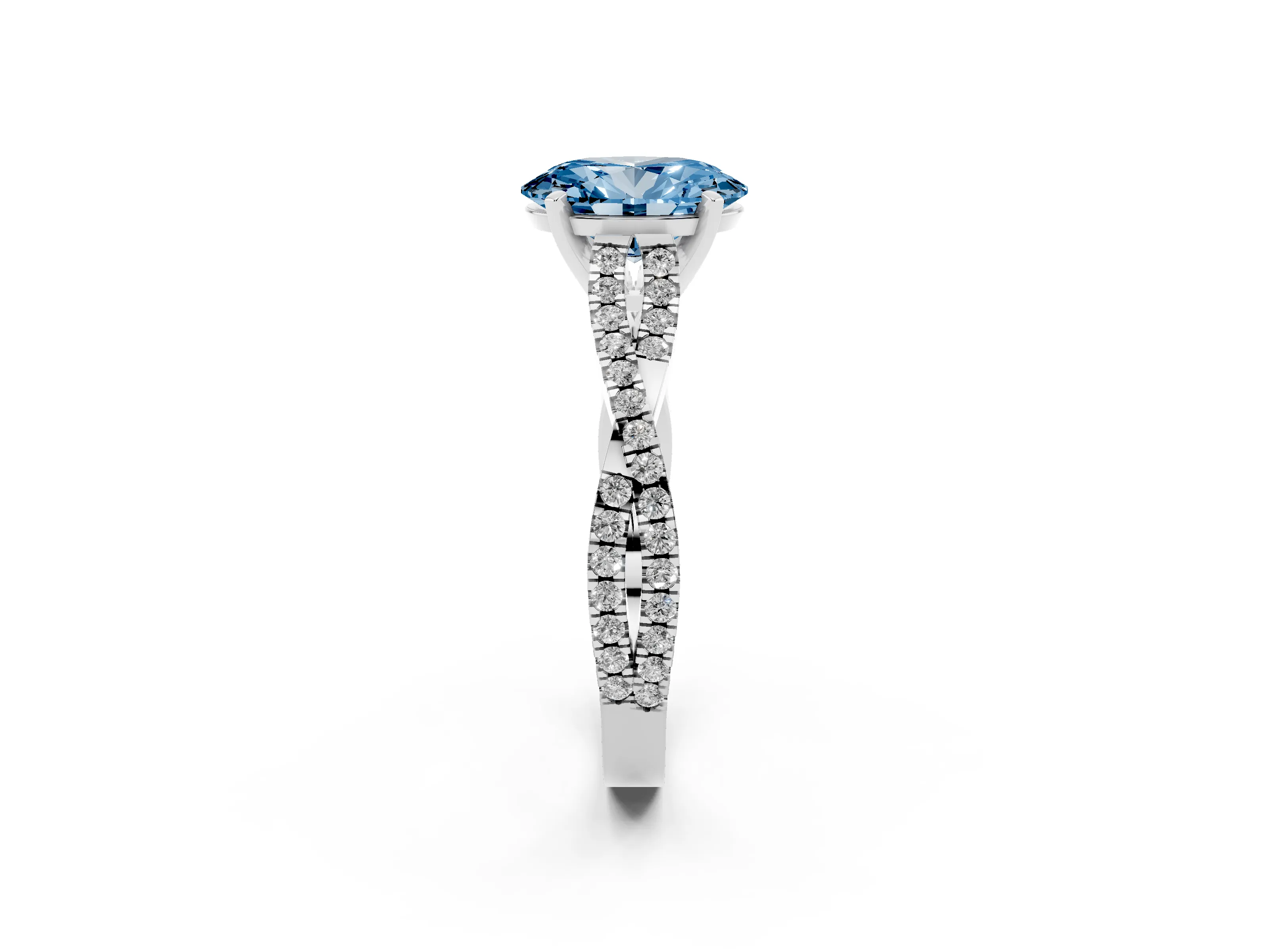 Fancy Blue Oval Cut Diamond Solitaire Engagement Ring Set in White gold with Twisted Pavé Band and Prong Setting