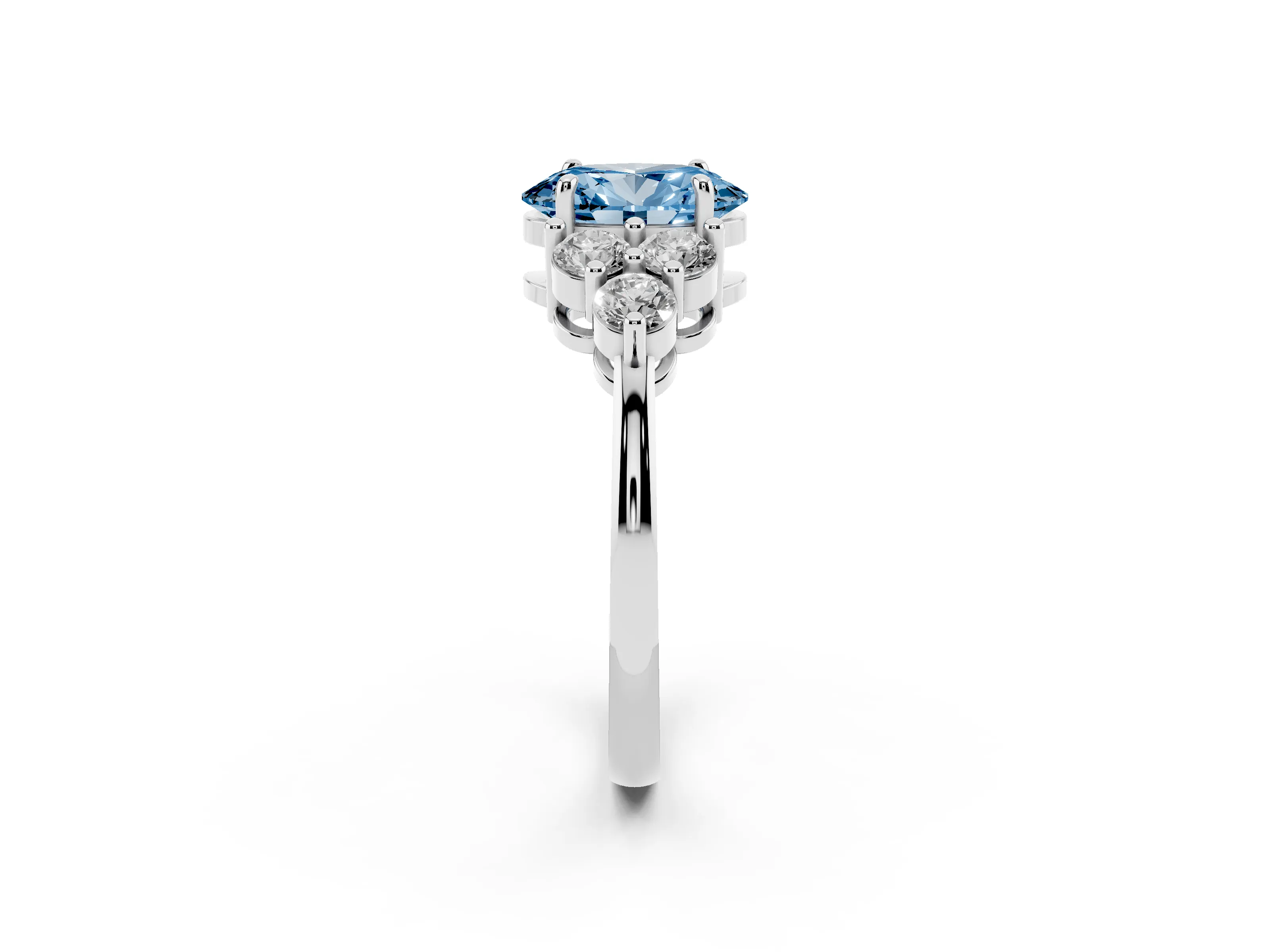 Fancy Blue Oval Cut Diamond Solitaire Ring Set in Platinum with Cluster Accents on Each Side