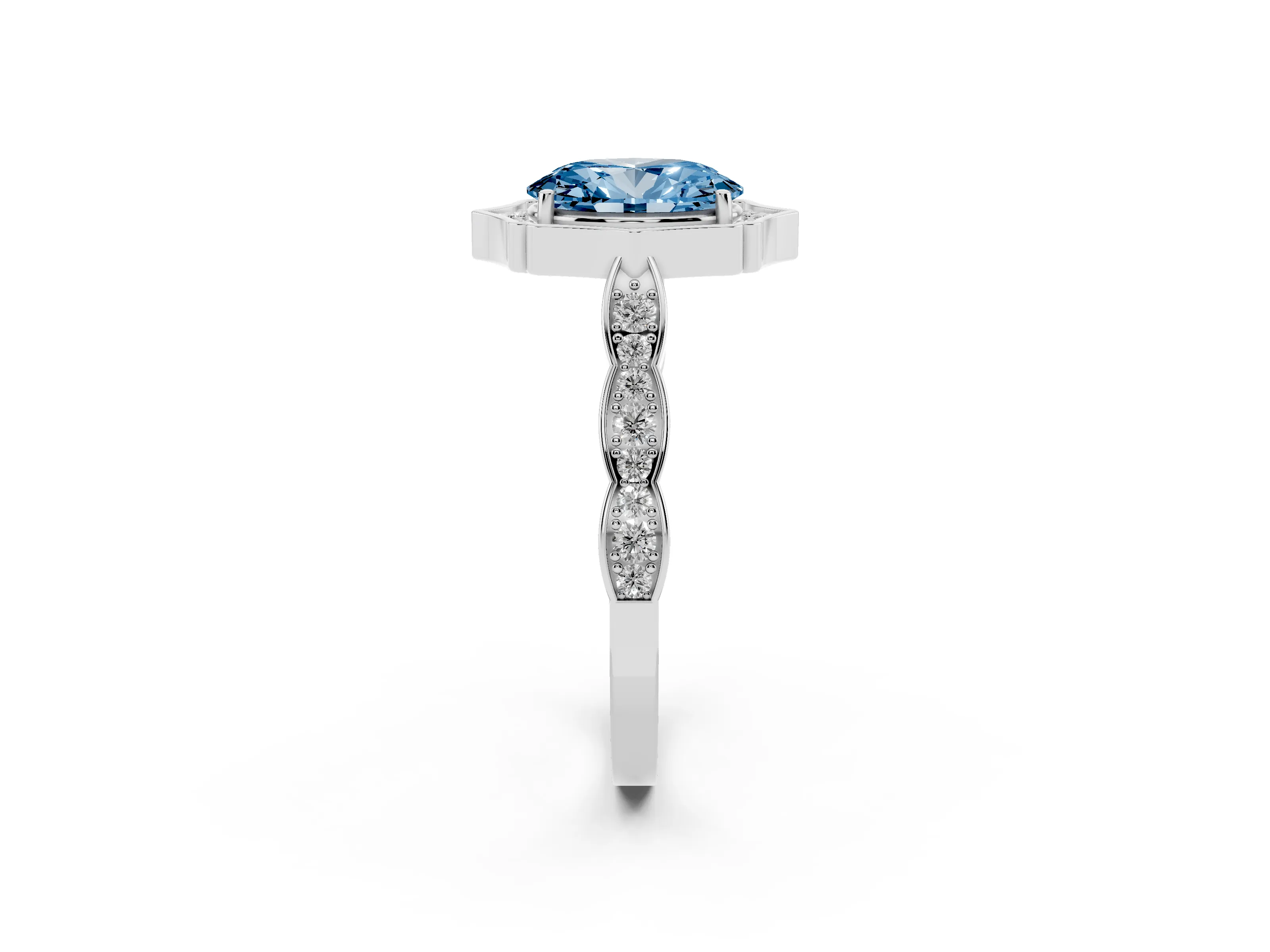 Fancy Blue Oval Cut Diamond Halo Engagement Ring Set in White gold with Milgrain Band and Prong Setting