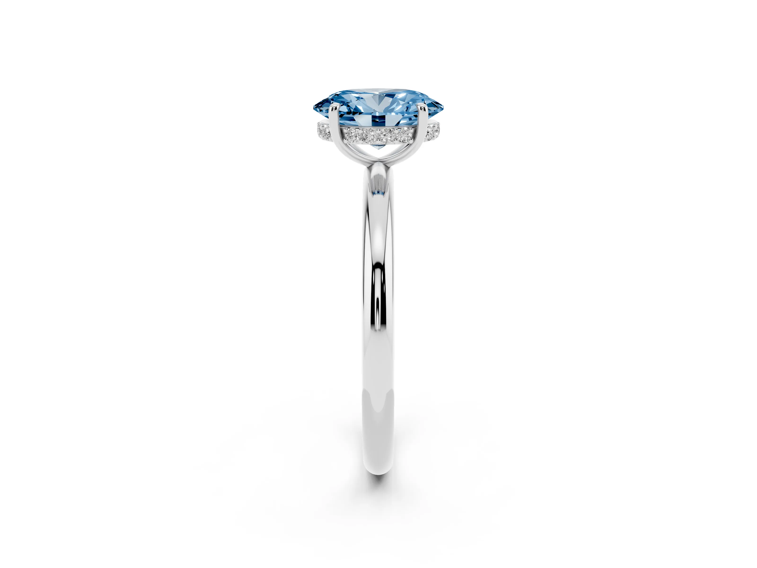 Fancy Blue Oval Cut Diamond Solitaire Ring Set in White gold with Thin Band and Prong Setting