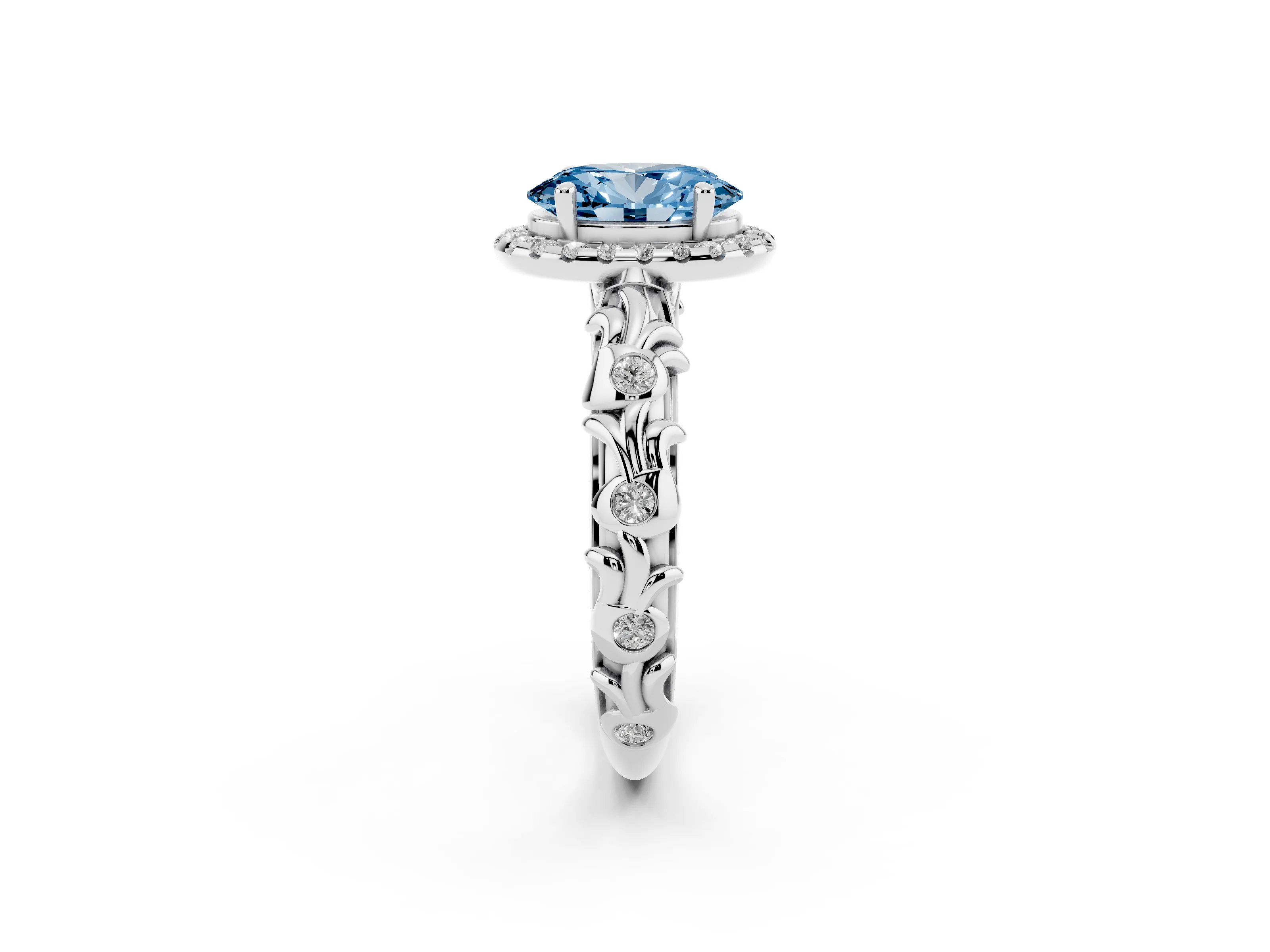 Fancy Blue Oval Cut Diamond Halo Ring Set in White gold with Filigree Leaf Band and Prong Setting