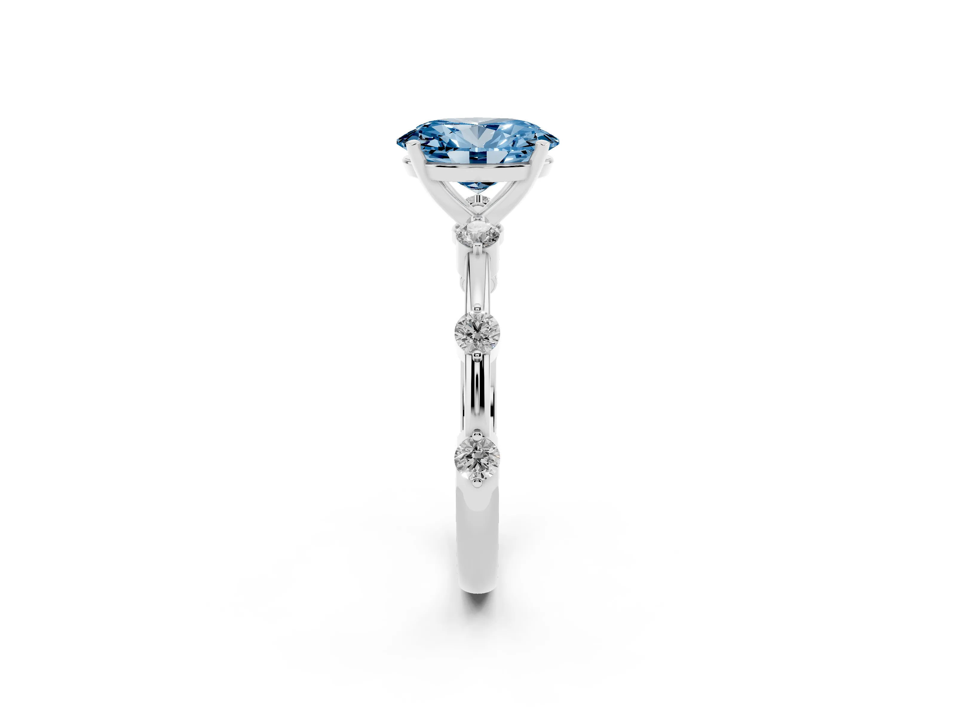 Fancy Blue Oval Cut Diamond Solitaire Ring Set in Platinum with Bezel Set Side Stones and Prong Setting