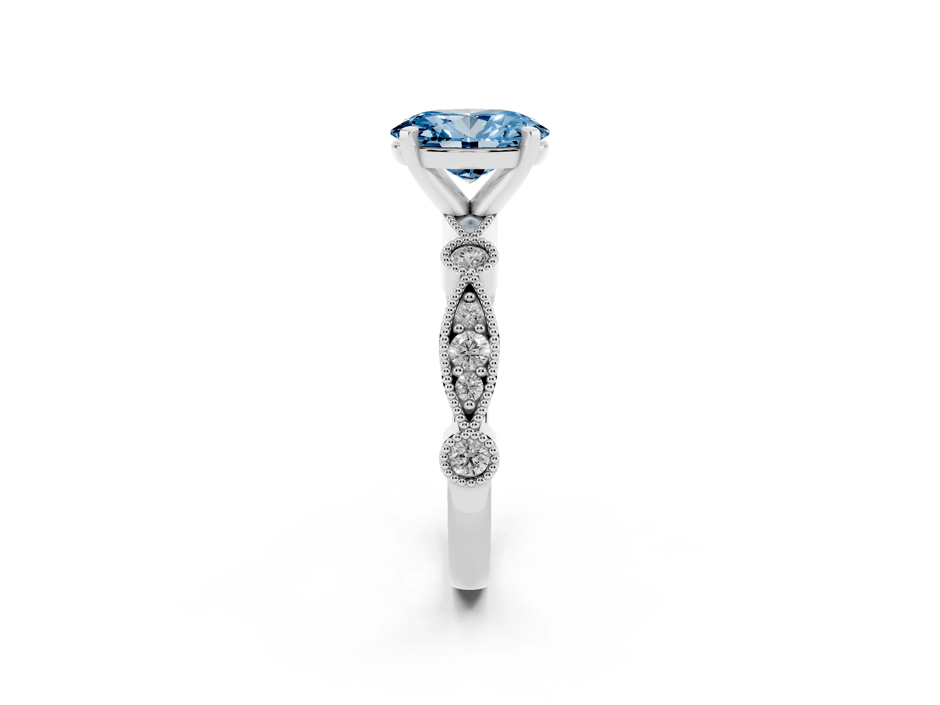 Fancy Blue Oval Cut Diamond Solitaire Engagement Ring Set in Platinum with Milgrain Bezel Accent Band