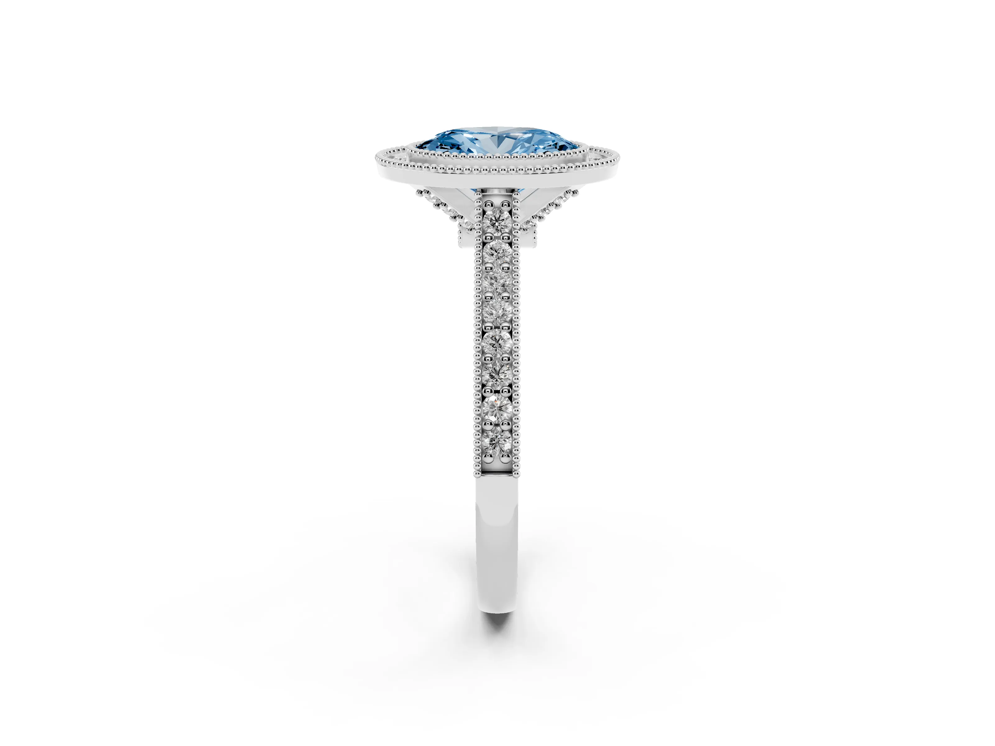 Fancy Blue Oval Cut Diamond Halo Milgrain Pavé Band Ring Set in Silver with Prong Setting