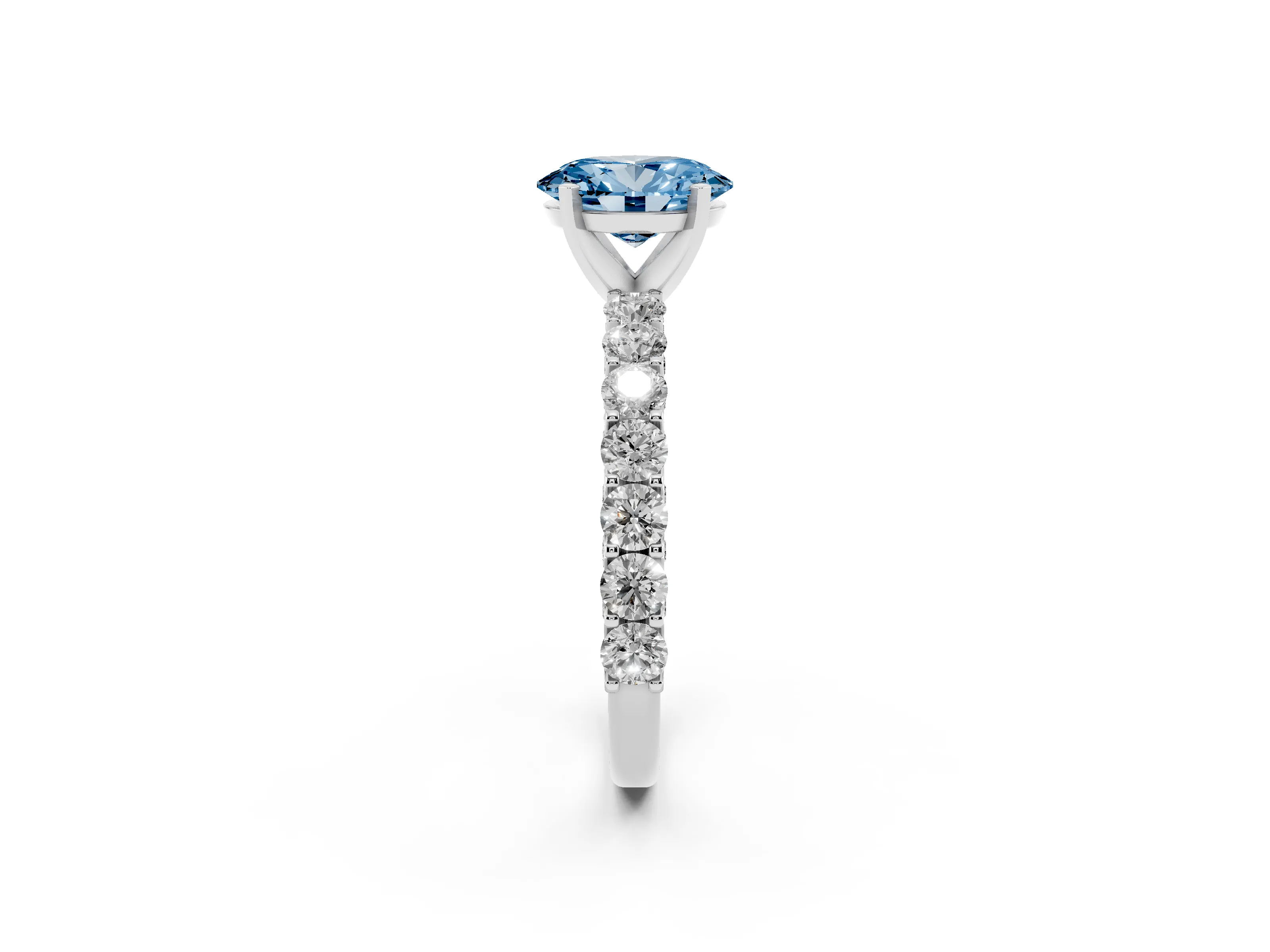 Fancy Blue Oval Cut Diamond Solitaire Ring Set in Platinum with Shared Prong Pavé Band