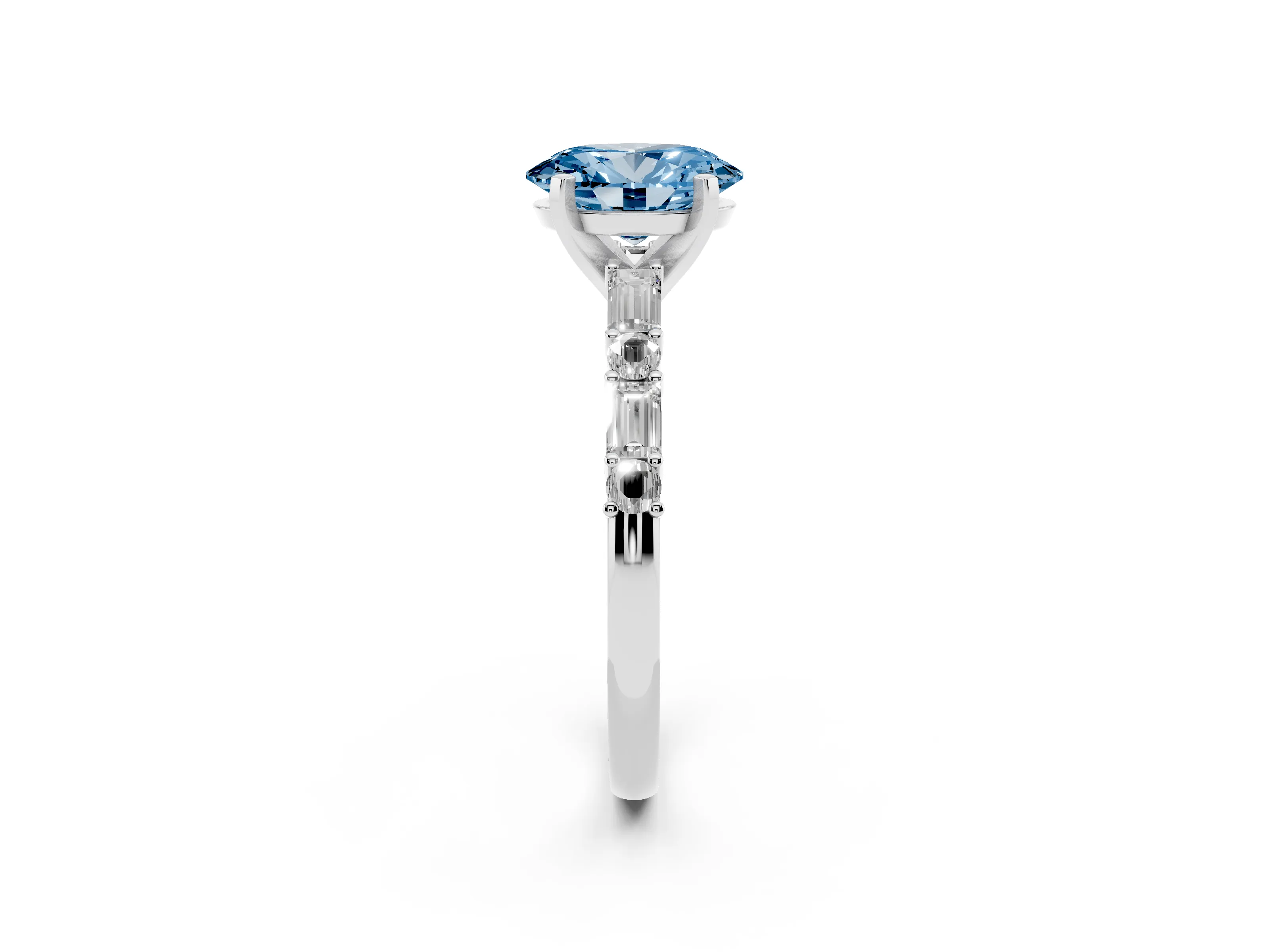 Fancy Blue Oval Cut Diamond Solitaire Set in Silver with Side Baguettes and Channel Set Band