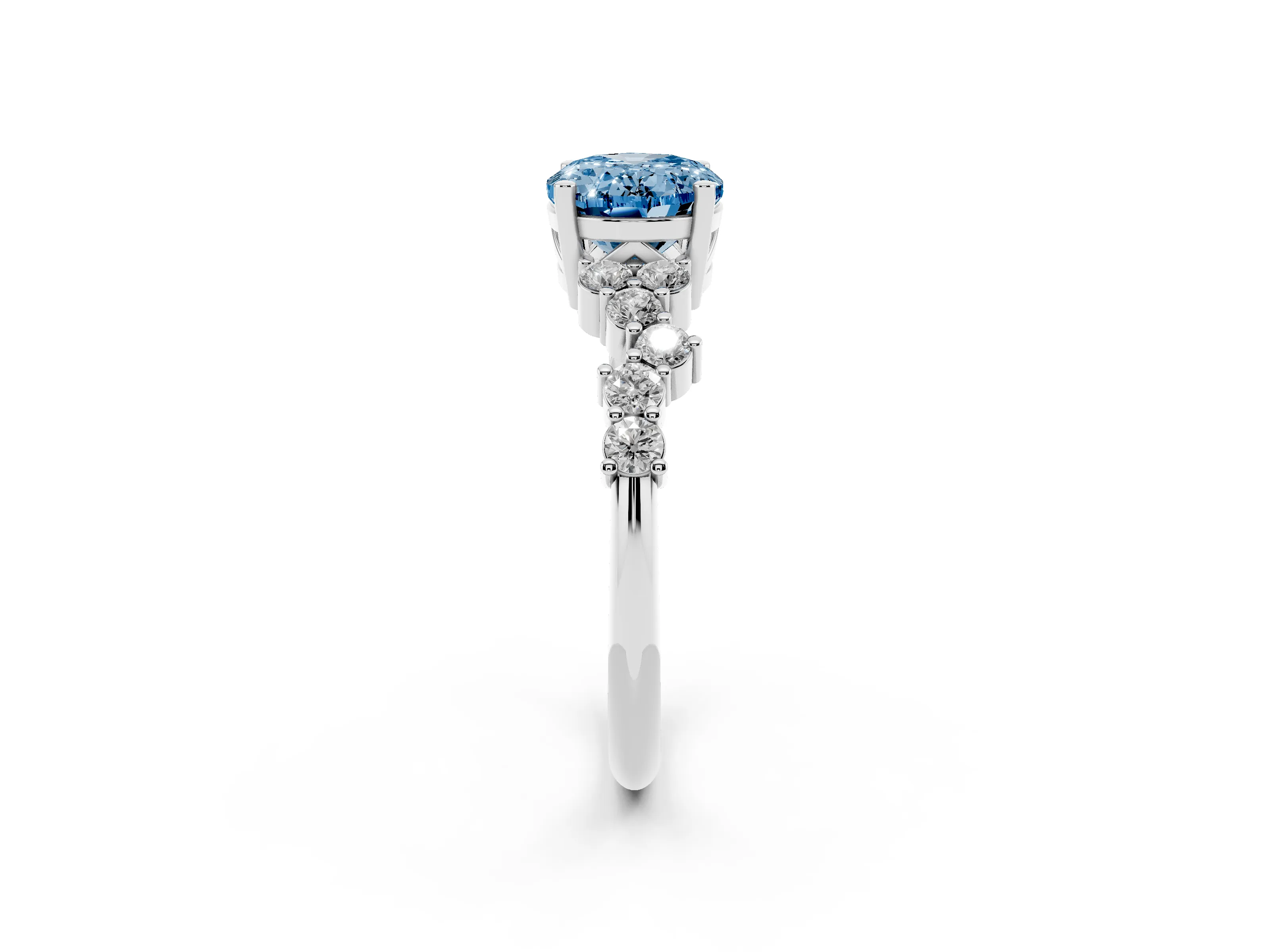 Fancy Blue Oval Cut Diamond Ring Set in Platinum with Scattered Round Accents