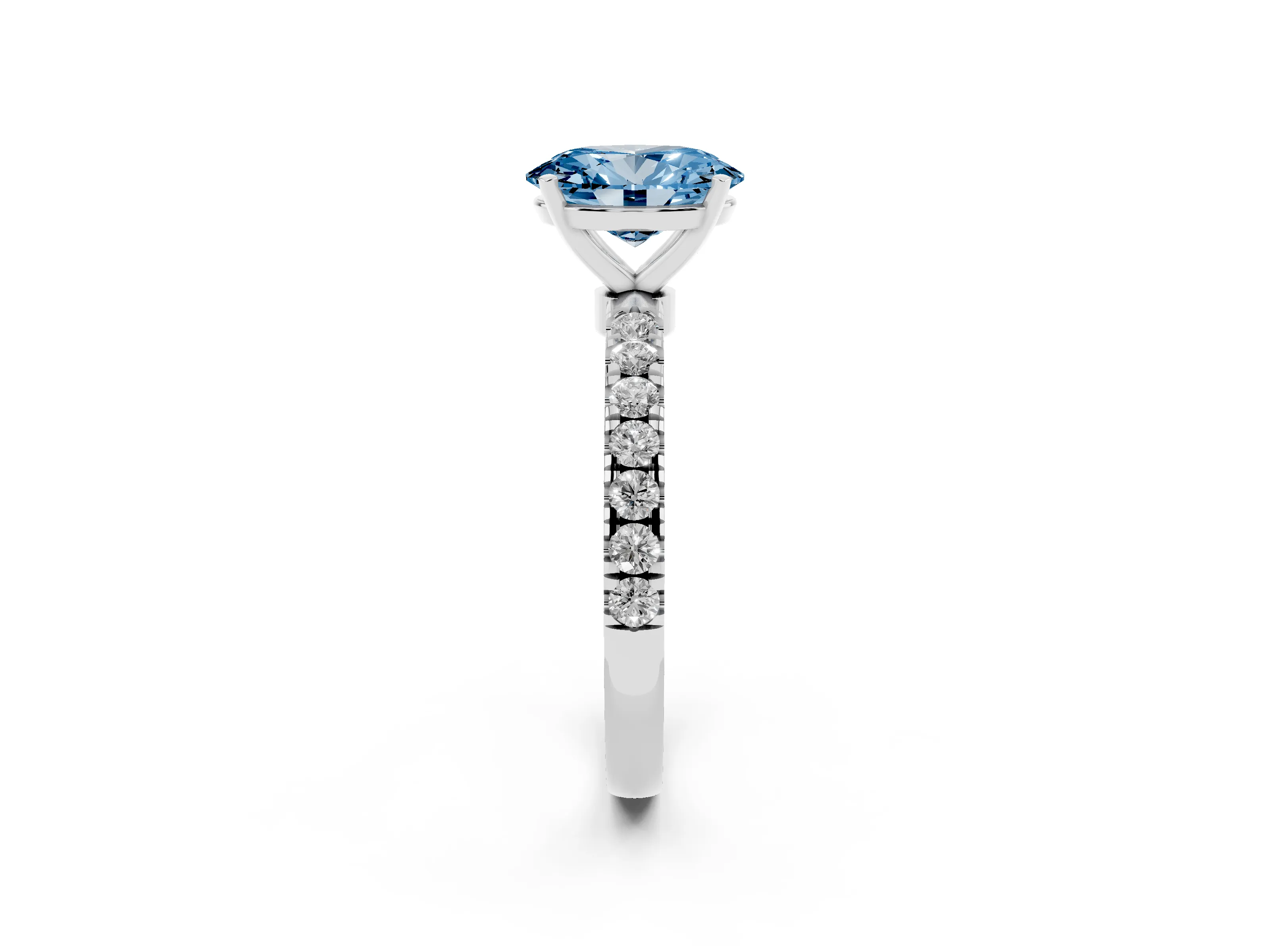 Fancy Blue Oval Cut Diamond Solitaire Ring Set in White gold with Pavé Accents and Prong Setting