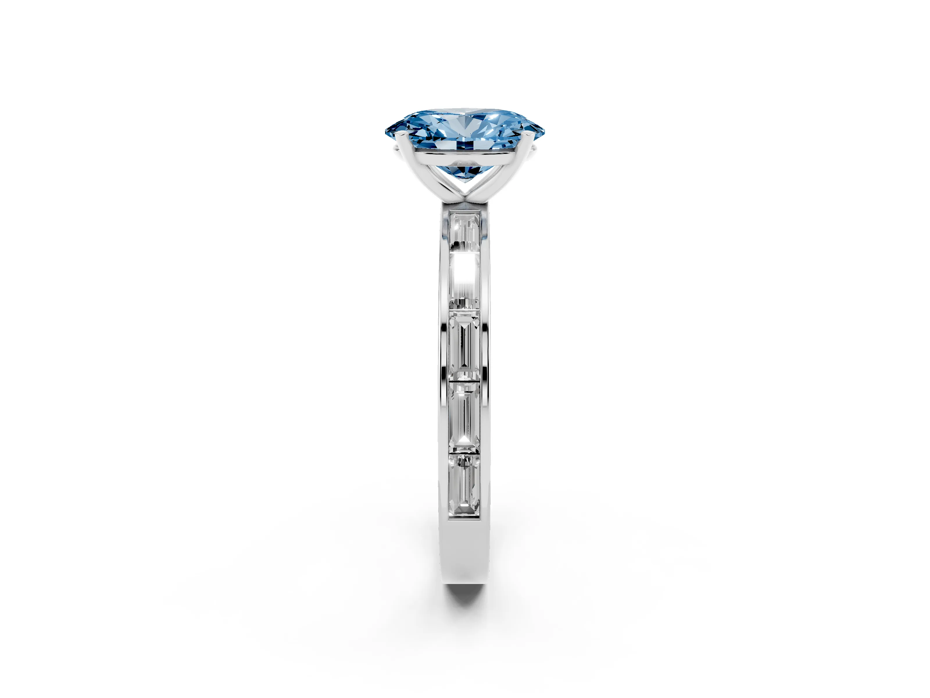 Fancy Blue Oval Cut Diamond Solitaire Ring Set in White gold with Channel-Set Baguette Band and Prong Setting
