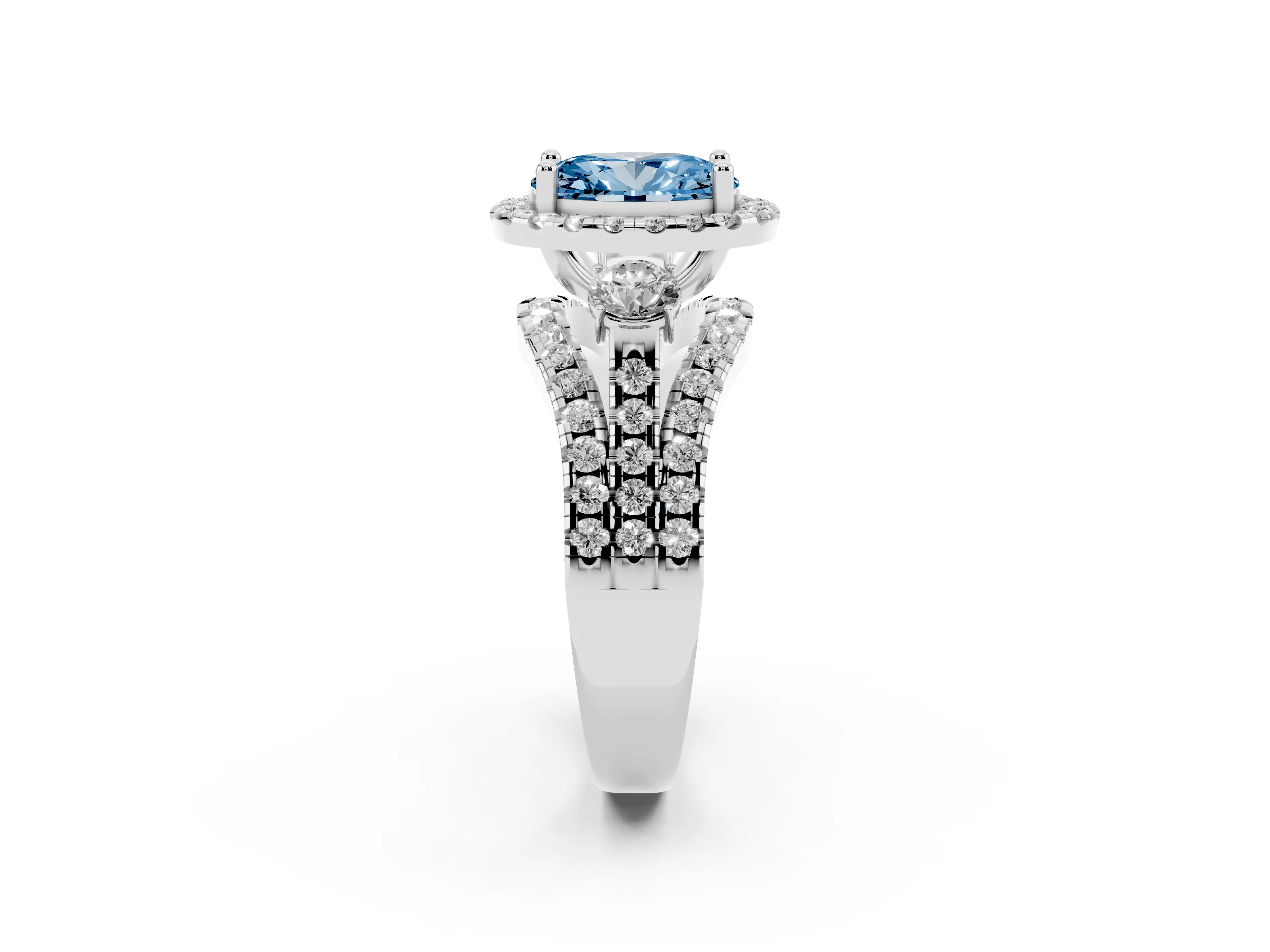 Fancy Blue Oval Cut Diamond Halo Split Shank Ring Set in Platinum with Round Accent Stones and Prong Setting