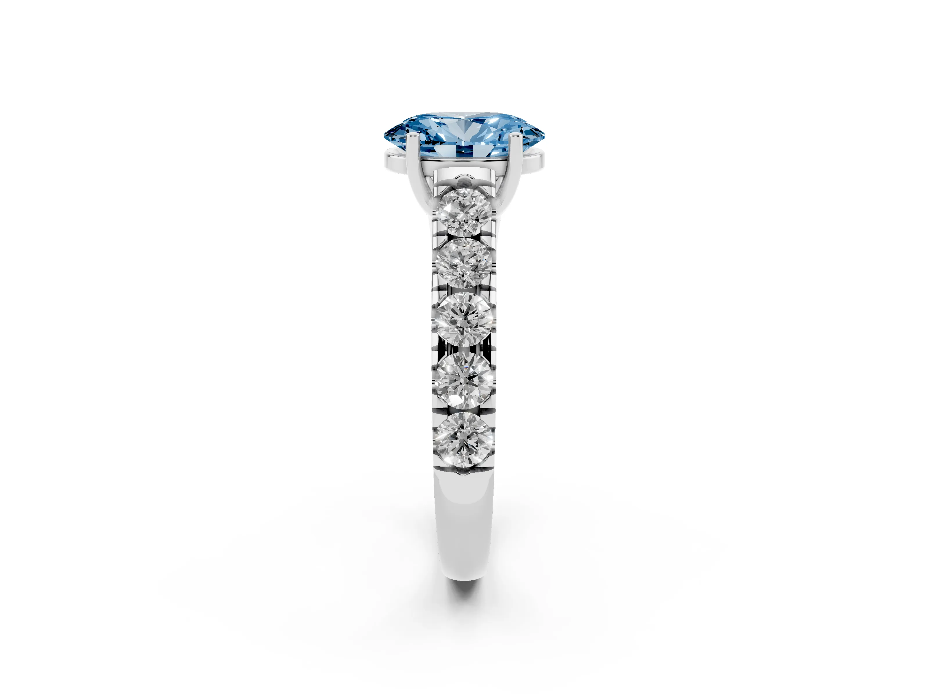 Fancy Blue Oval Cut Diamond Solitaire Ring Set in Silver with Cut-Down Micro Pavé Band and Prong Setting