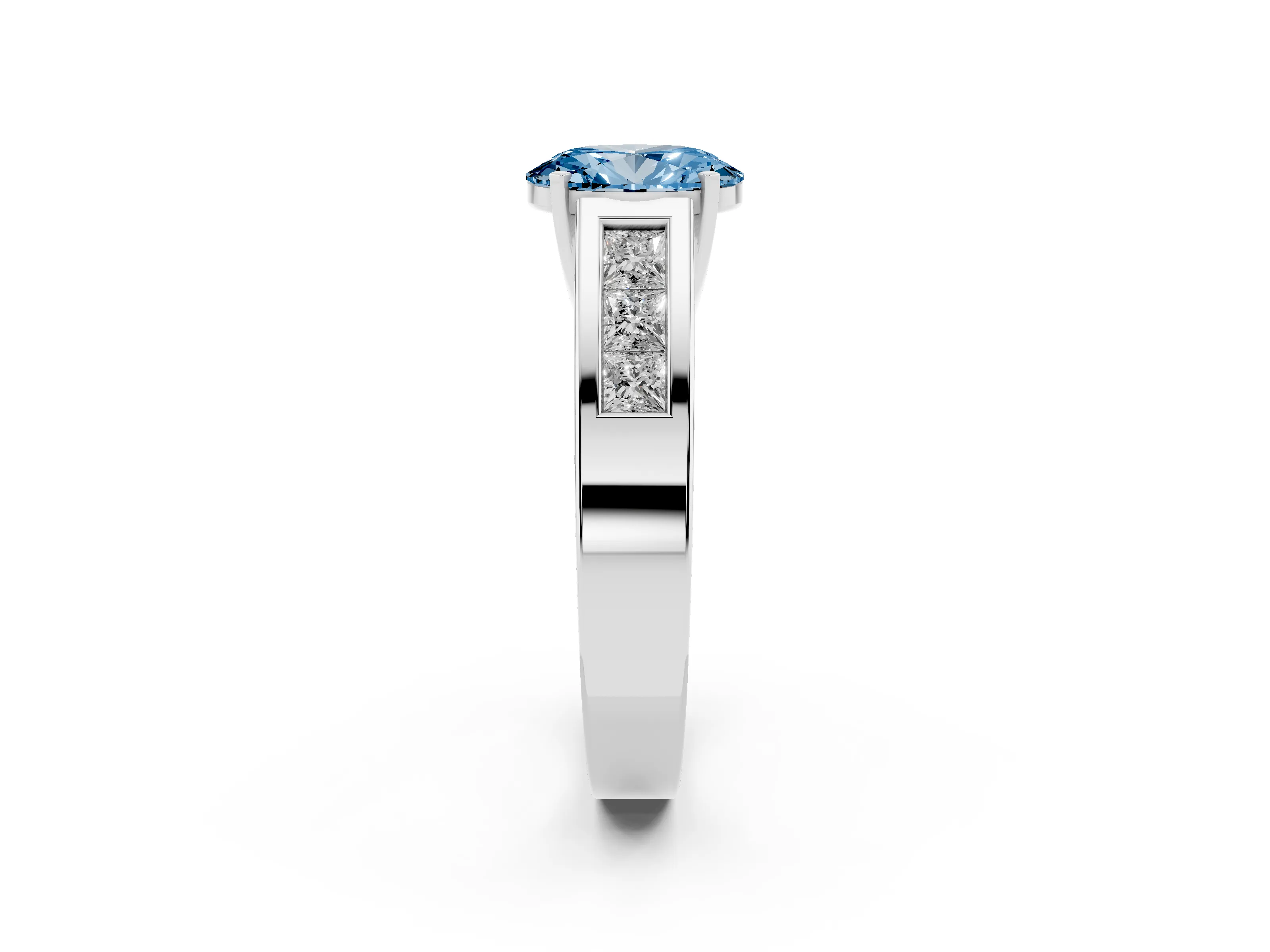 Fancy Blue Oval Cut Diamond Solitaire Ring Set in Platinum with Channel-Set Accent Stones and Prong Setting