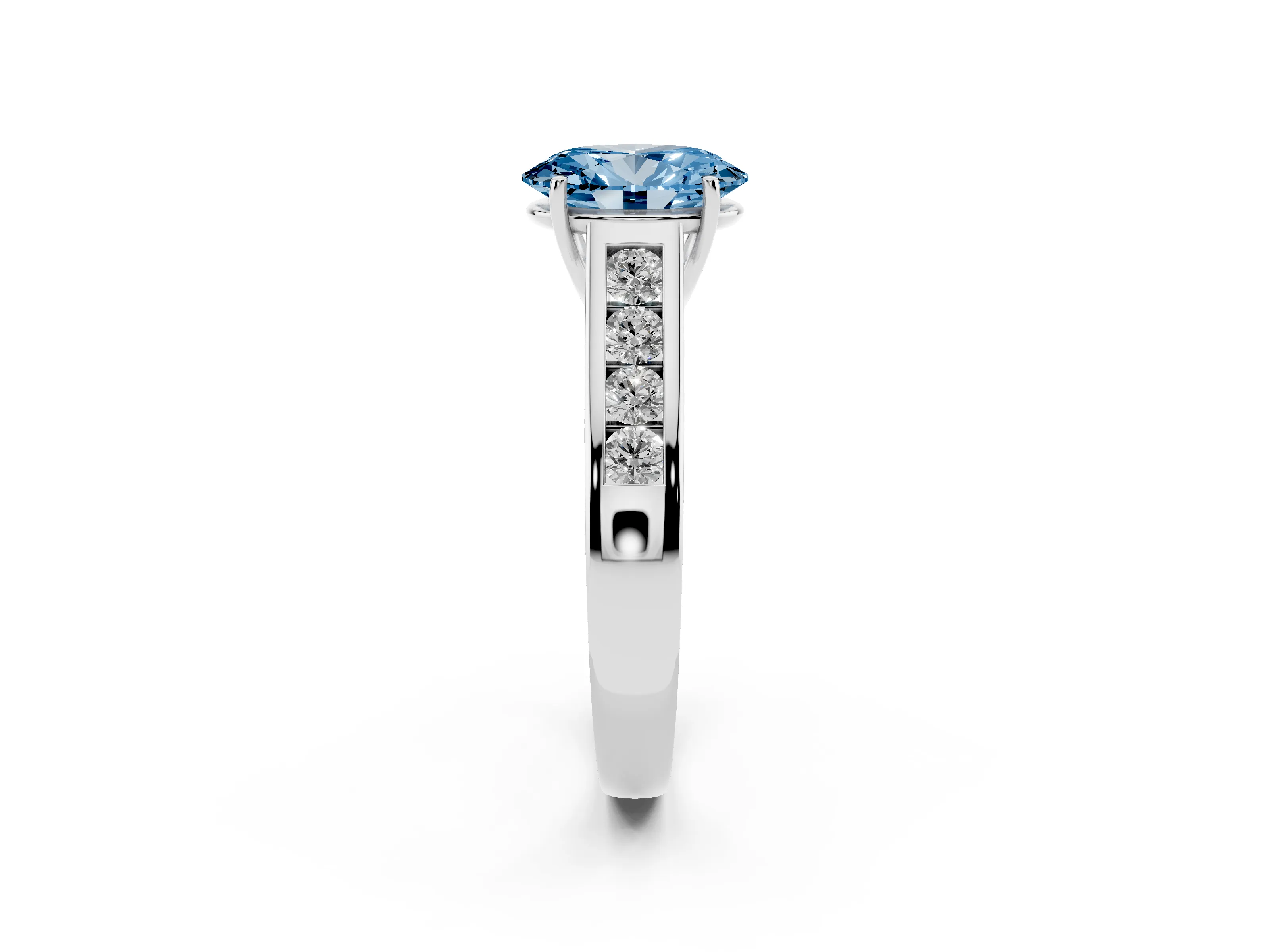 Fancy Blue Oval Cut Diamond Solitaire Channel-Set Engagement Ring Set in Silver with Prong Setting