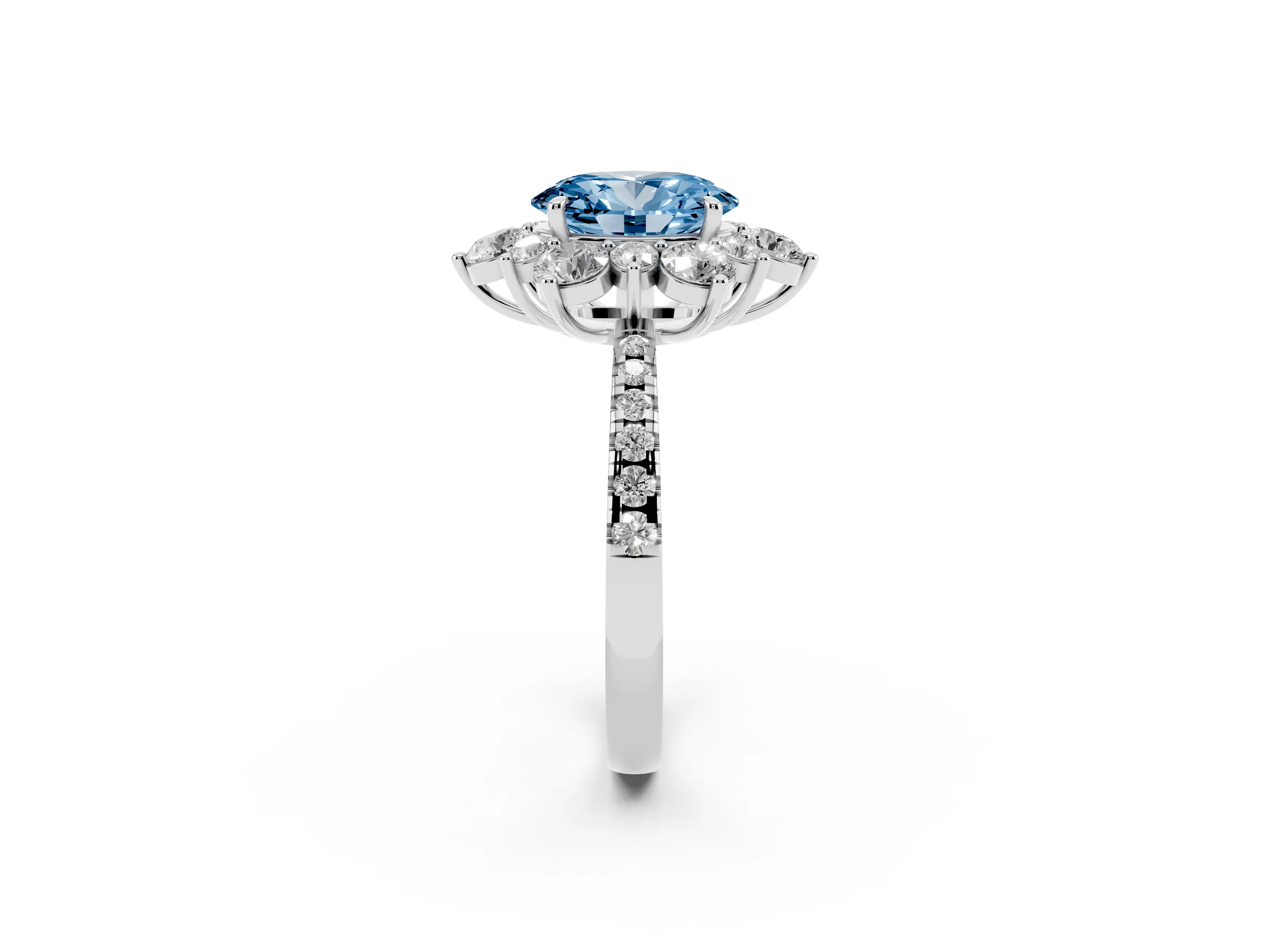 Fancy Blue Oval Cut Diamond Floral Halo Ring Set in White gold with Round Pavé Band and Prong Setting