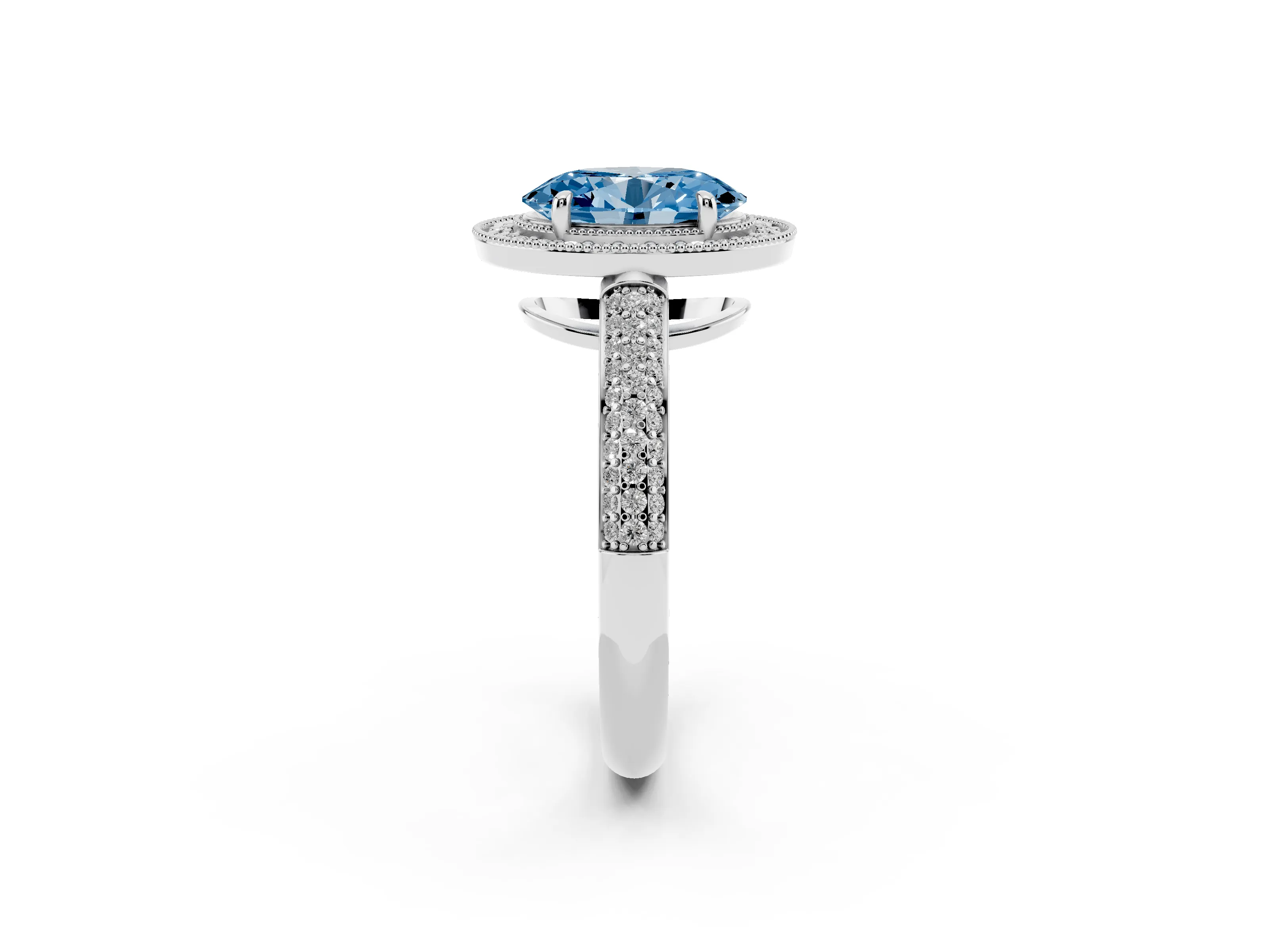 Fancy Blue Oval Cut Diamond Halo Pavé Band Set in Silver with Prong Setting