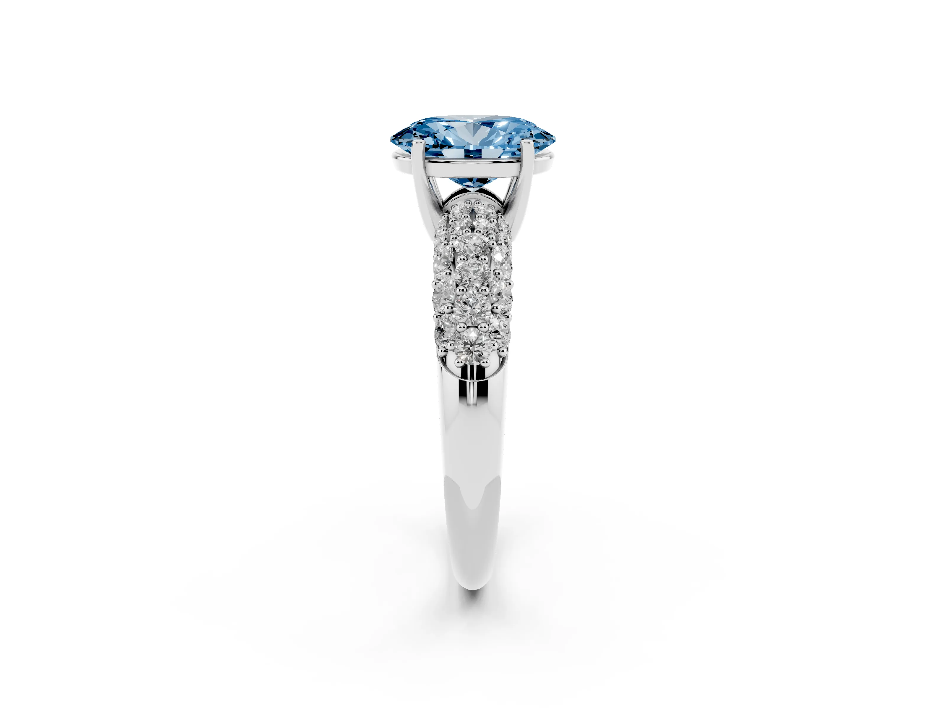 Fancy Blue Oval Cut Diamond Pavé Band Solitaire Ring Set in Platinum with Close-Set Accent Stones and Prong Setting