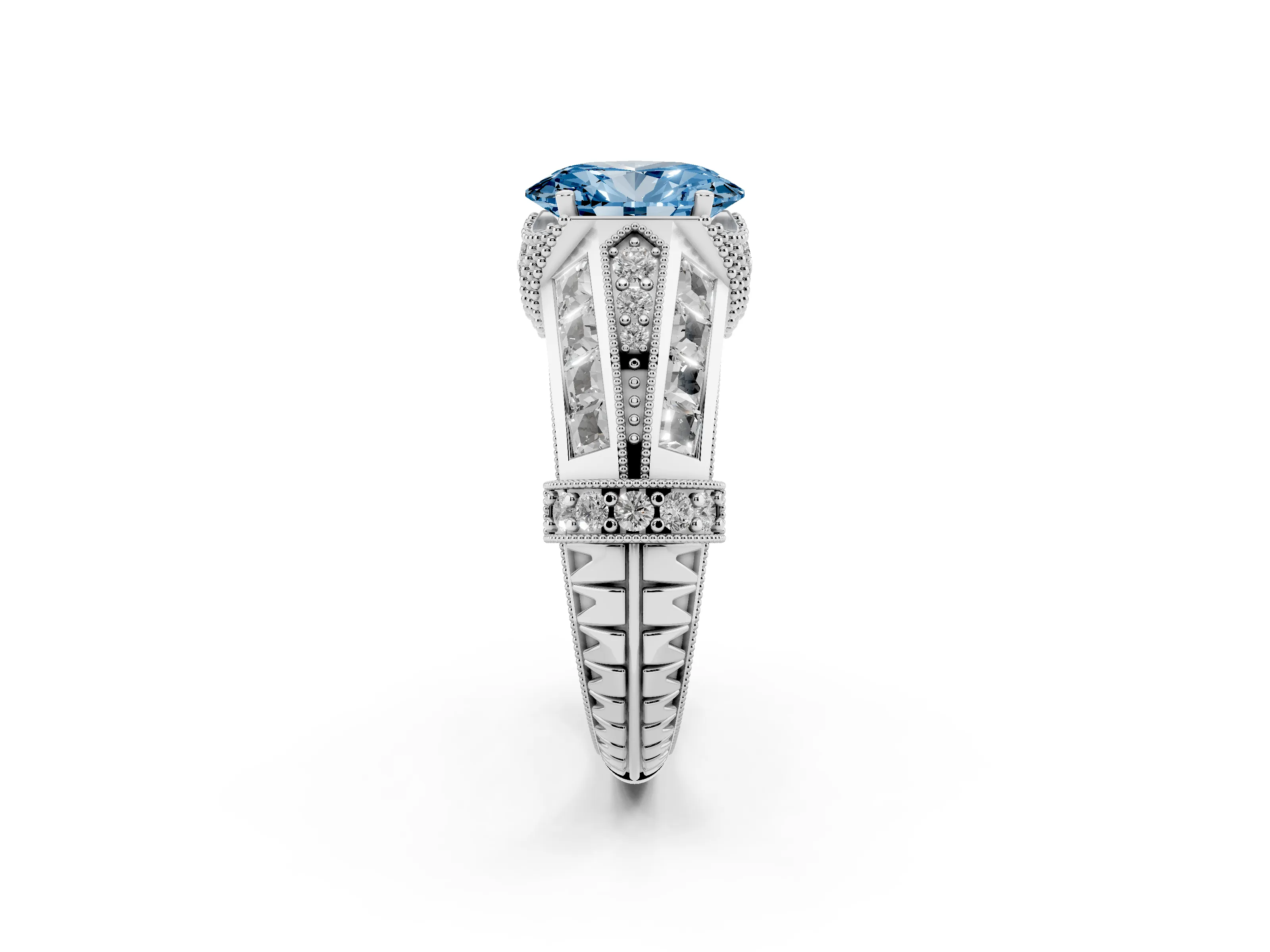 Fancy Blue Oval Cut Diamond Vintage-Inspired Milgrain Ring Set in Silver with Accent Split Shank