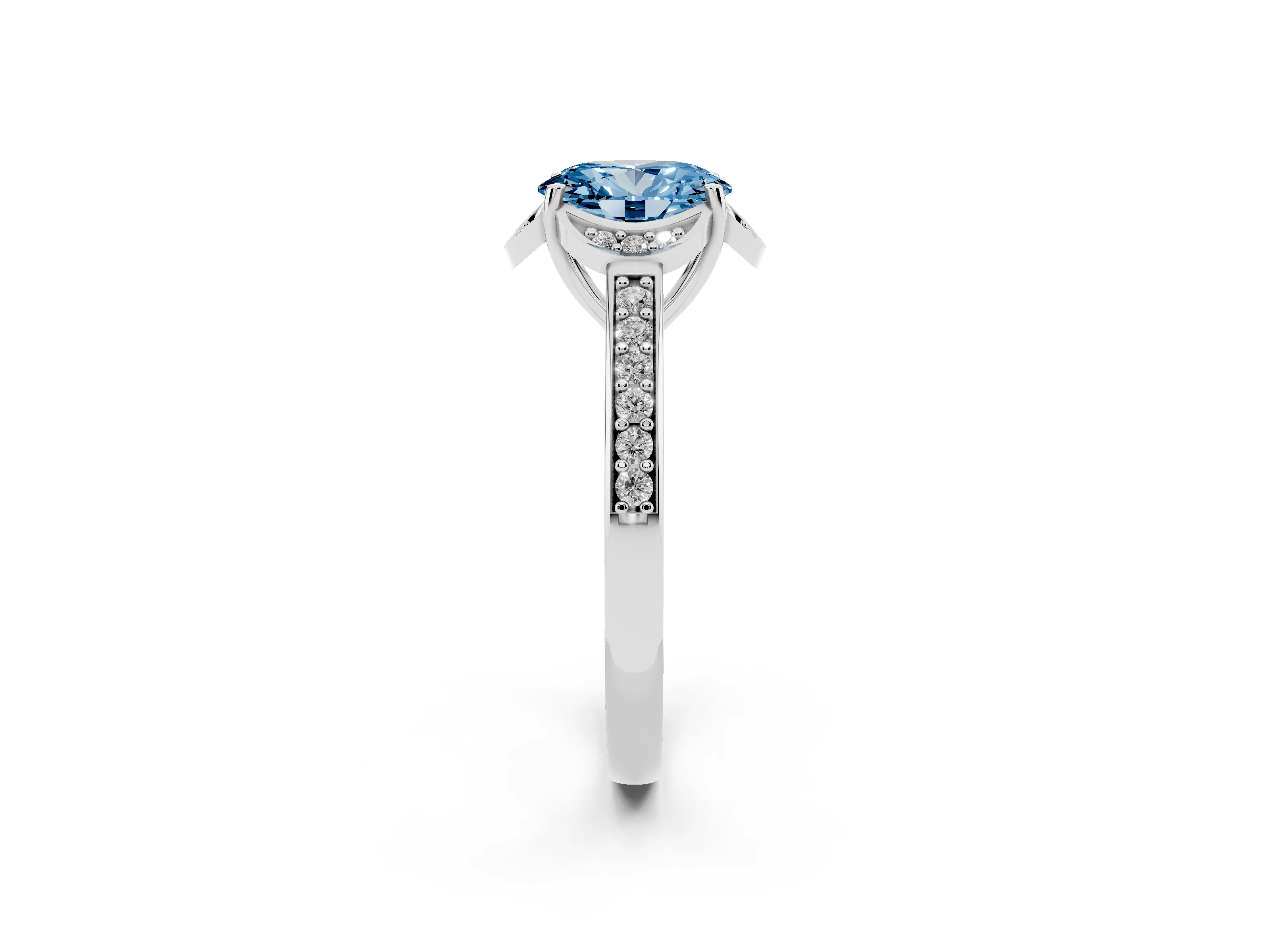 Fancy Blue Oval Cut Diamond Halo Ring Set in Silver with Channel Set Band and Prong Setting