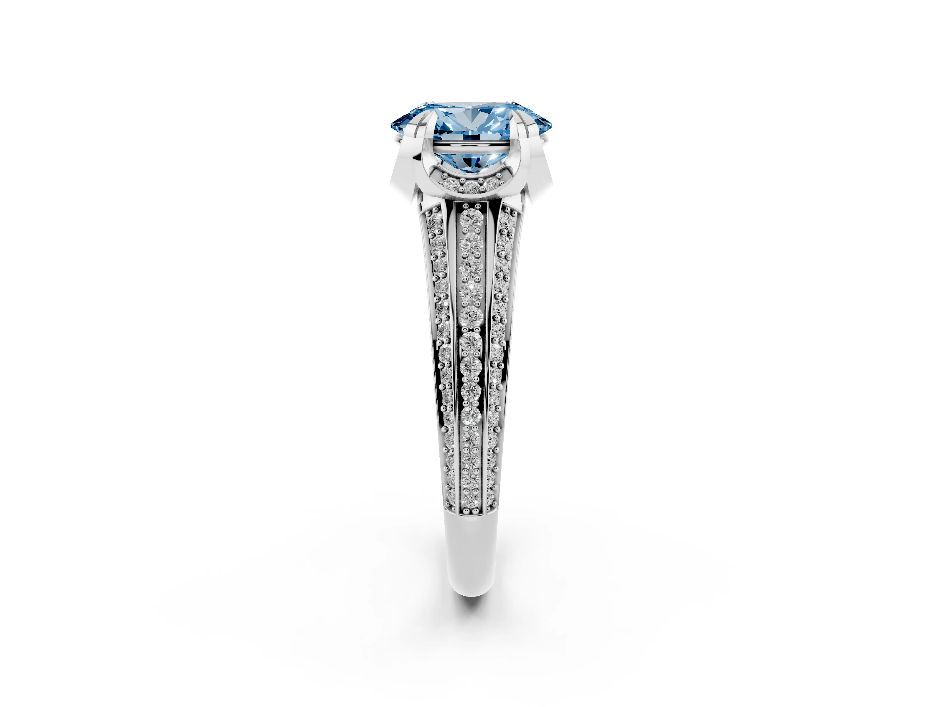 Fancy Blue Oval Cut Diamond Pavé Split Shank Solitaire Ring Set in White gold with Prong Setting