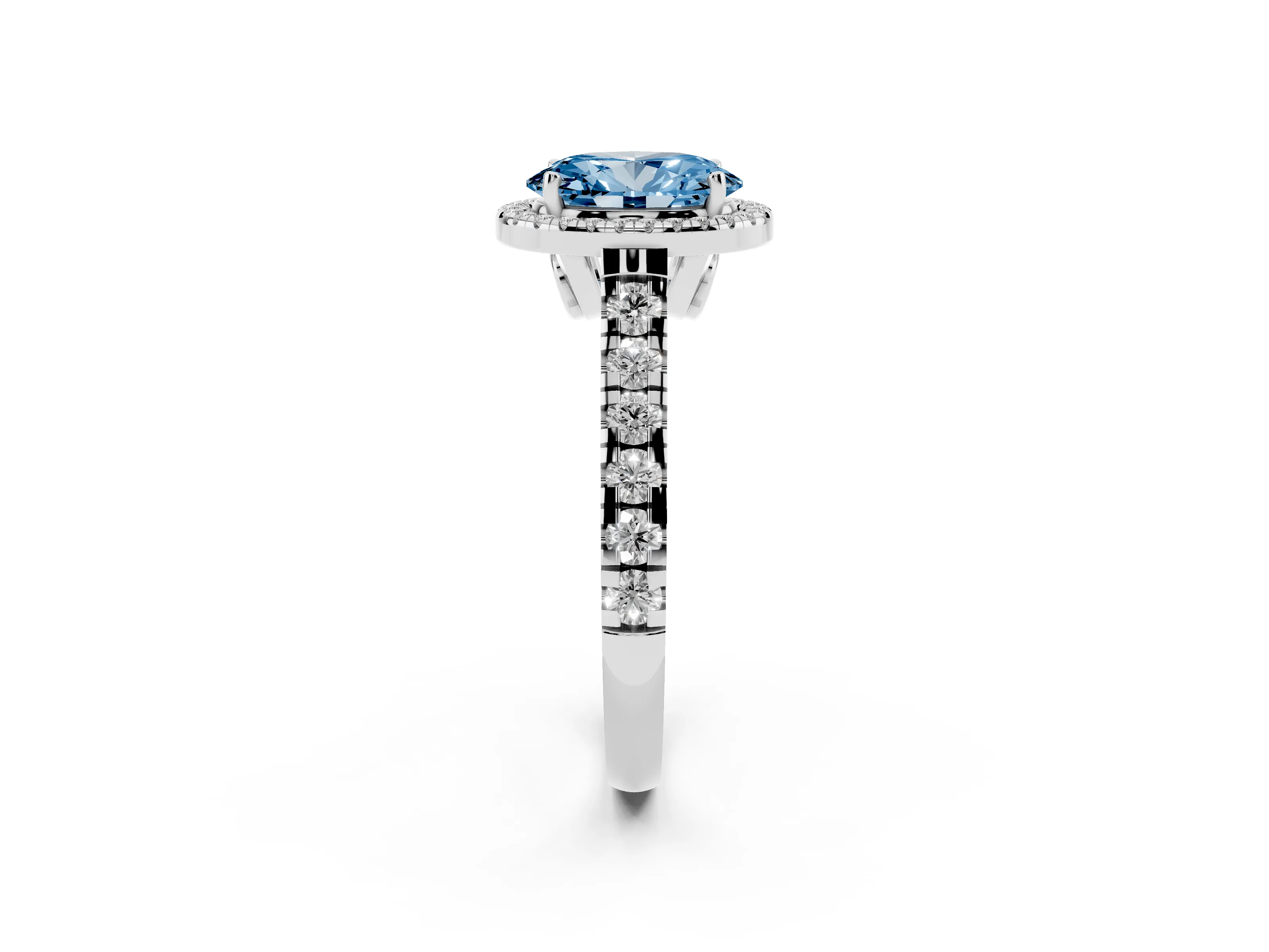 Fancy Blue Oval Cut Diamond Halo Engagement Ring Set in Platinum with Pavé Band and Prong-Set Center