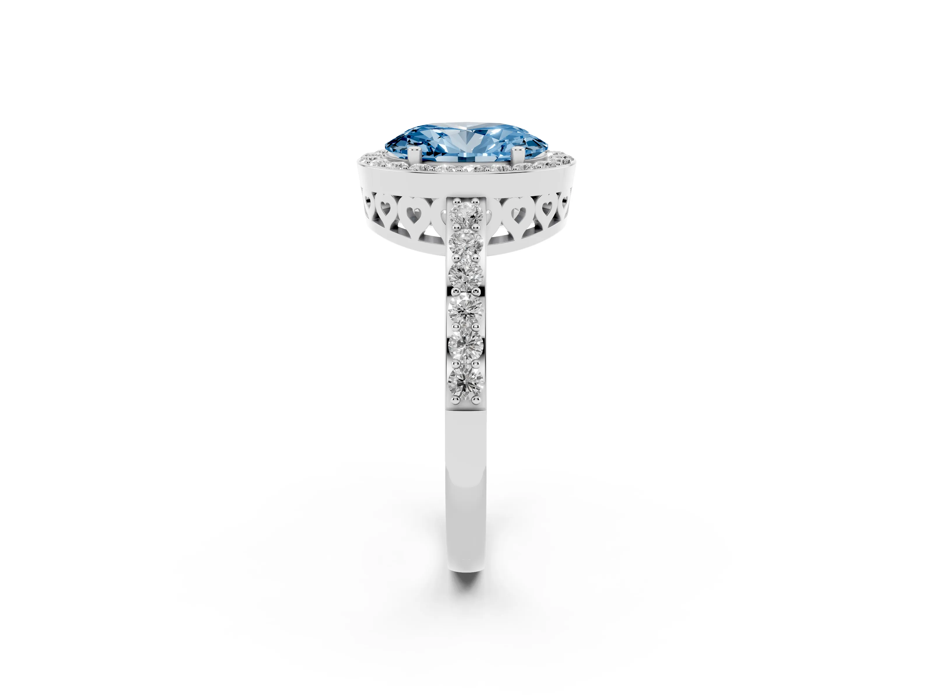 Fancy Blue Oval Cut Diamond Halo Ring Set in Silver with Pavé-Setting Band and Open Prong Center