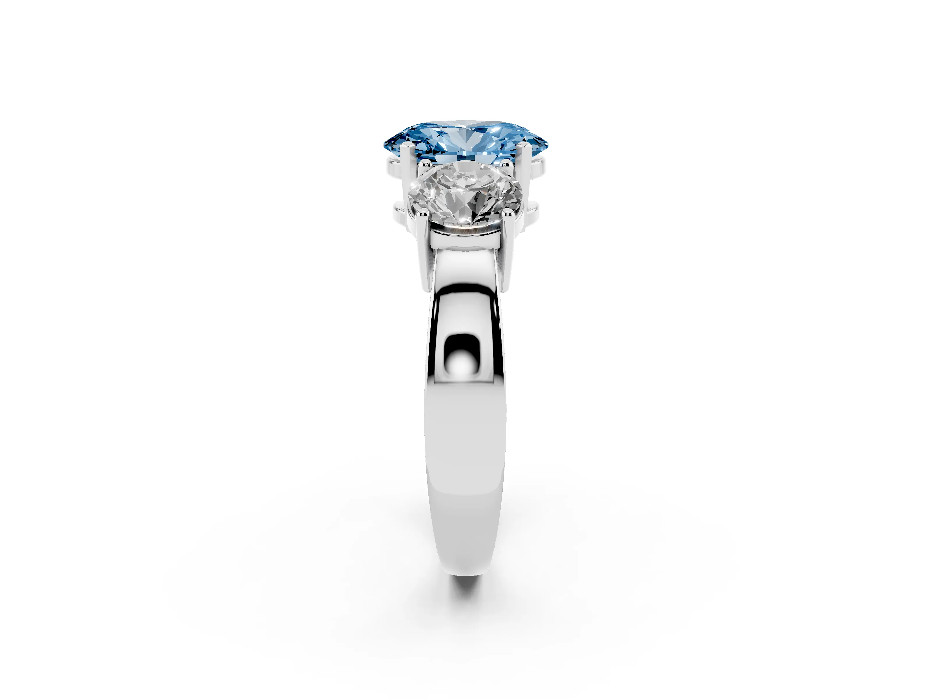 Fancy Blue Oval Cut Diamond Three-Stone Ring Set in Platinum with Round Side Stones and Classic Band