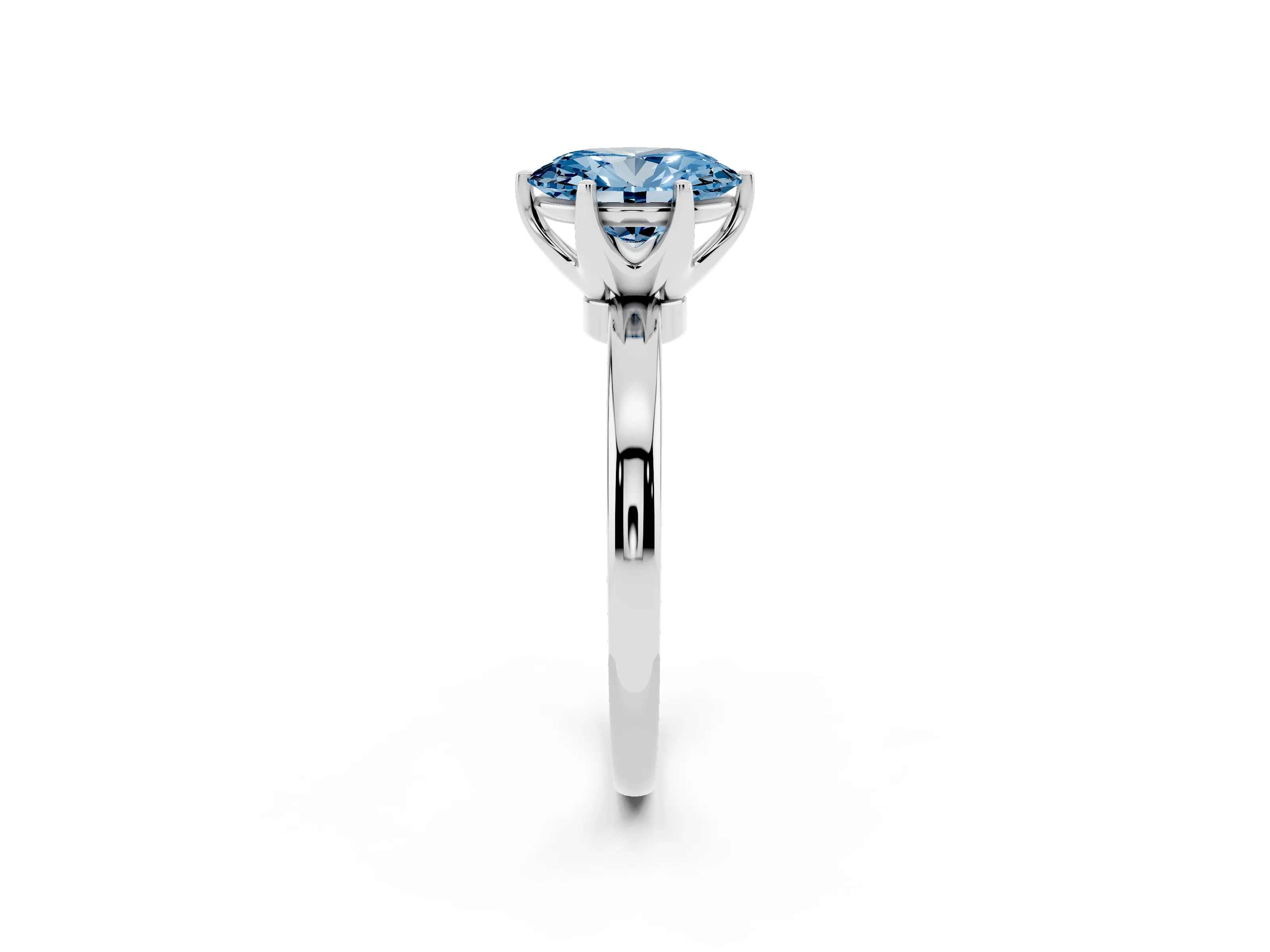 Fancy Blue Oval Cut Diamond Solitaire Ring Set in White gold with Raised Prong Setting on a Classic Band