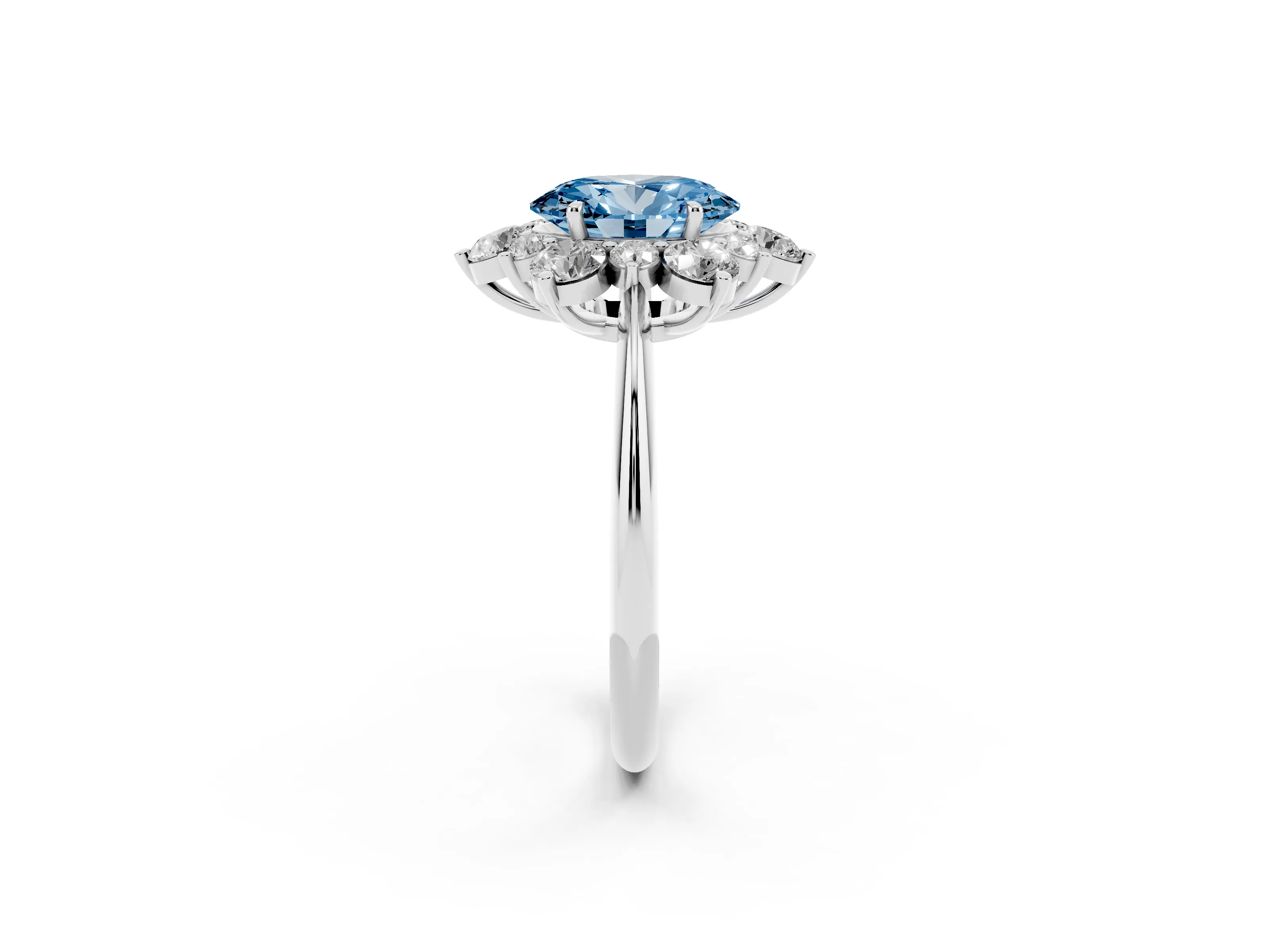 Fancy Blue Oval Cut Diamond Cluster Halo Ring Set in Platinum with Solitaire Band and Prong Setting