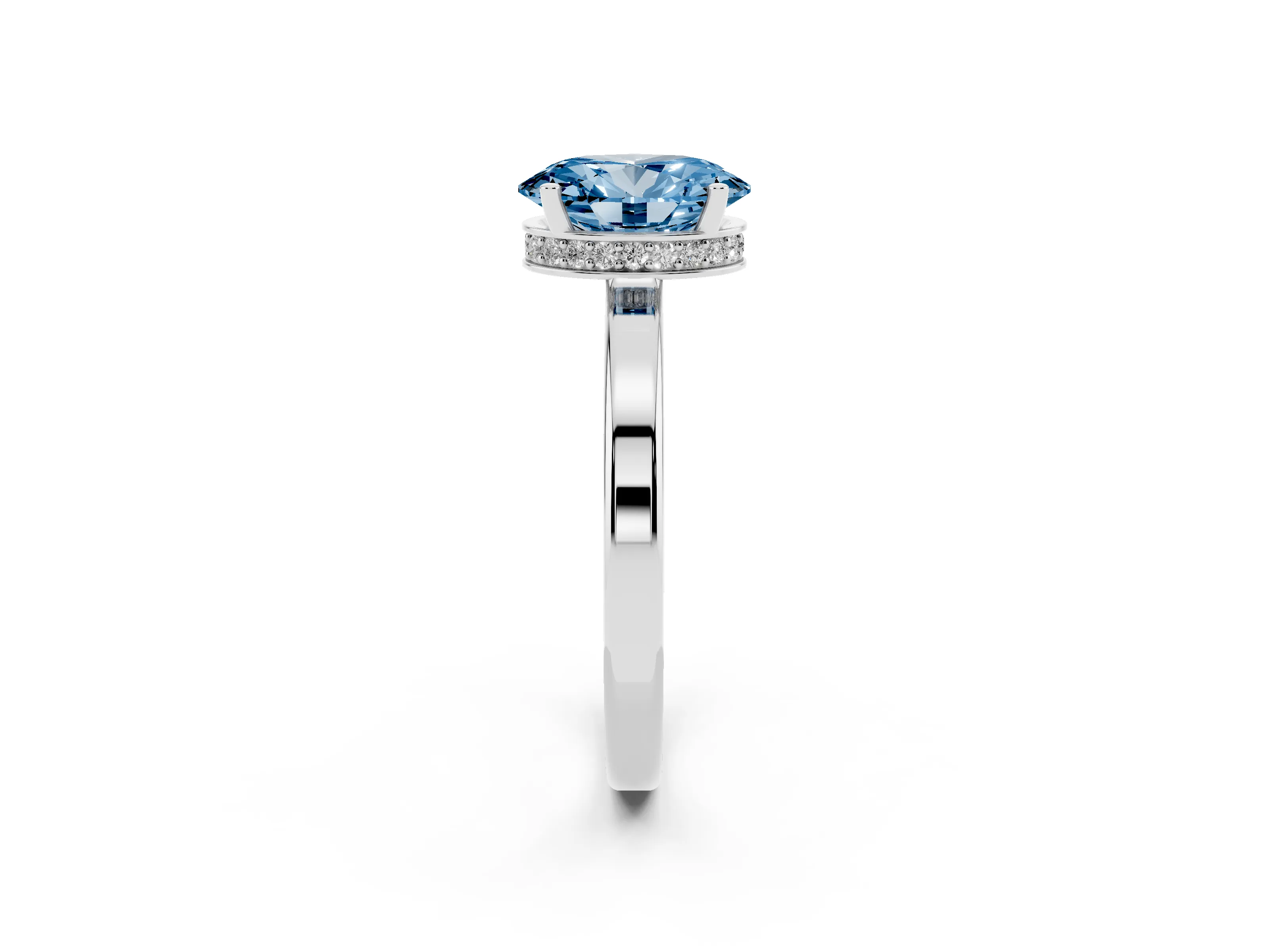 Fancy Blue Oval Cut Diamond Solitaire Engagement Ring Set in Silver with Prong Setting on a Plain Band