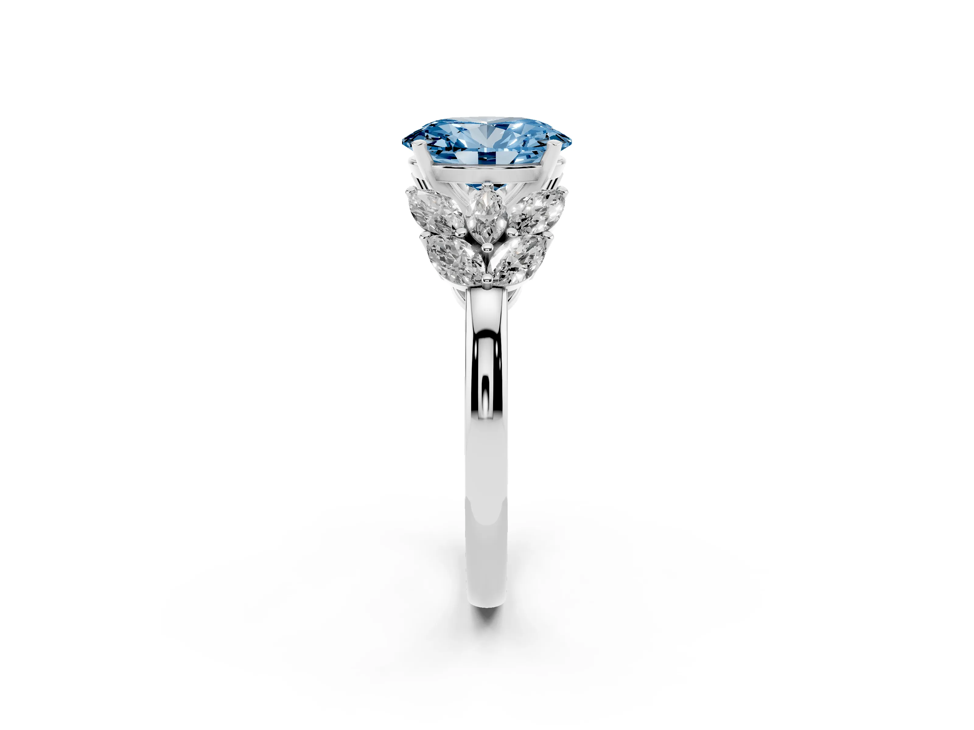 Fancy Blue Oval Cut Diamond Cluster Leaf Design Ring Set in White gold with Prong Setting