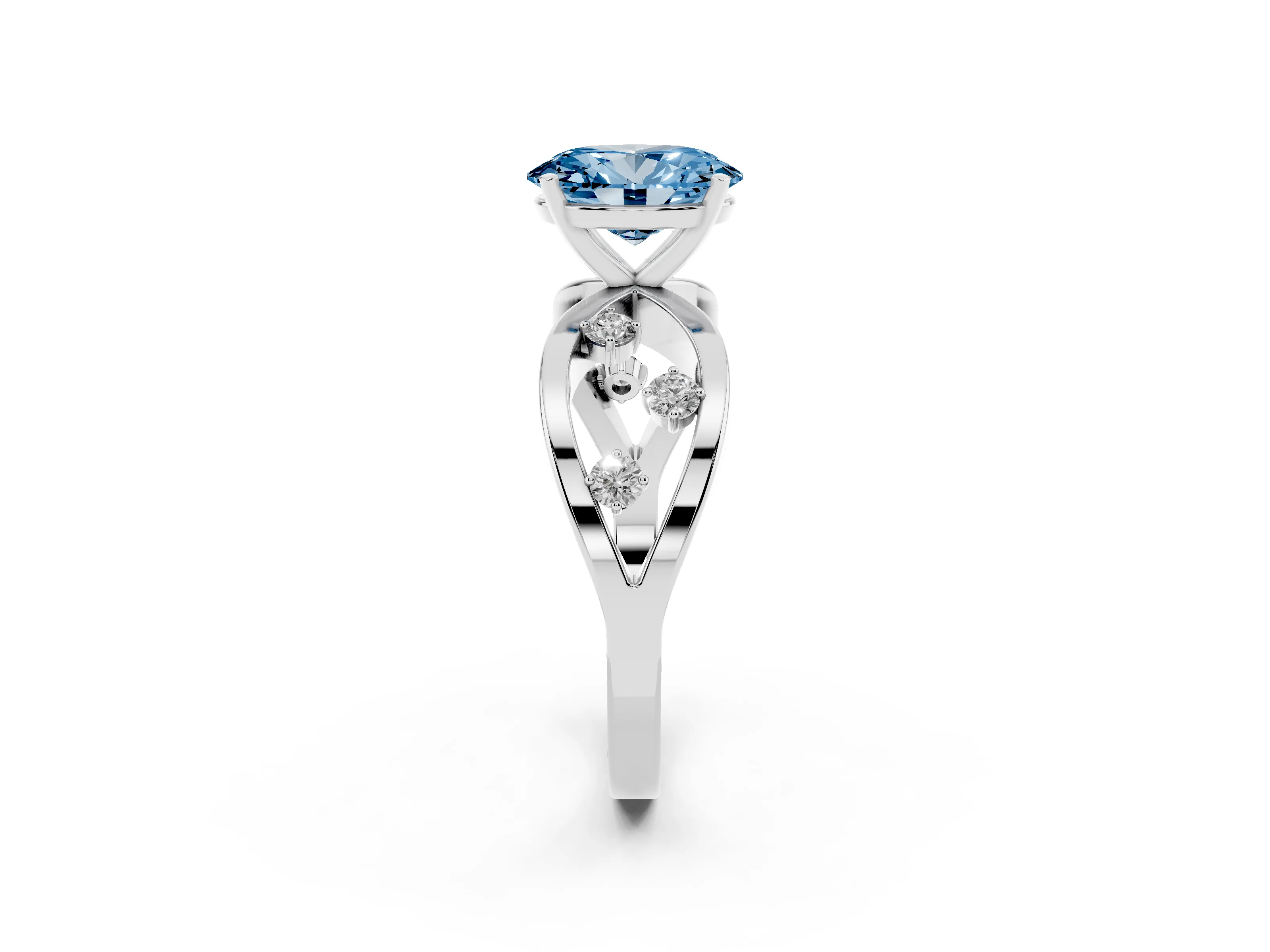 Fancy Blue Oval Cut Diamond Solitaire Ring Set in White gold with Side Stones on Criss-Cross Band and Prong Setting